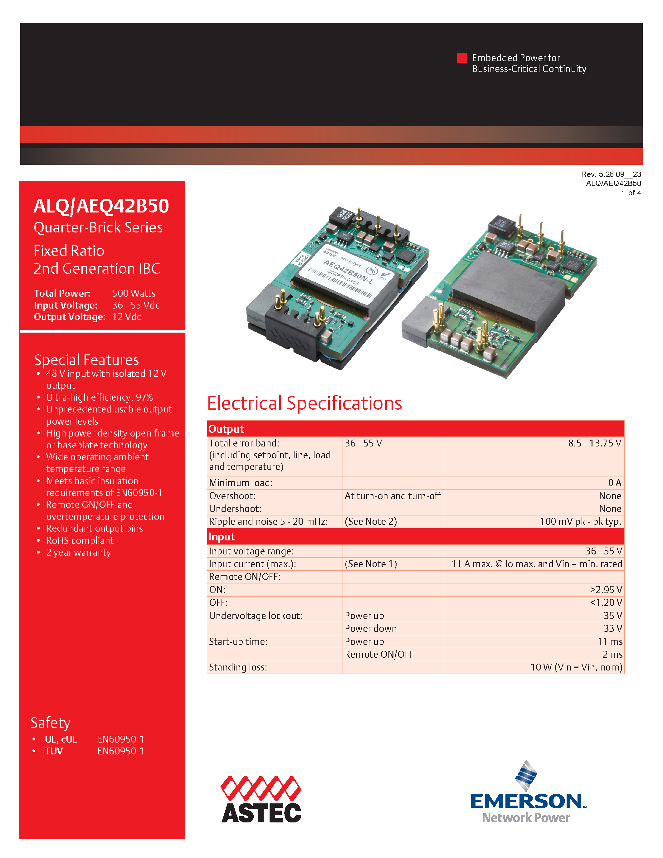 Datasheet AEQ42B50-L page 1 Datasheet AEQ42B50-L - DC-DC / Industry Standard Isolated Quarter Brick page 1