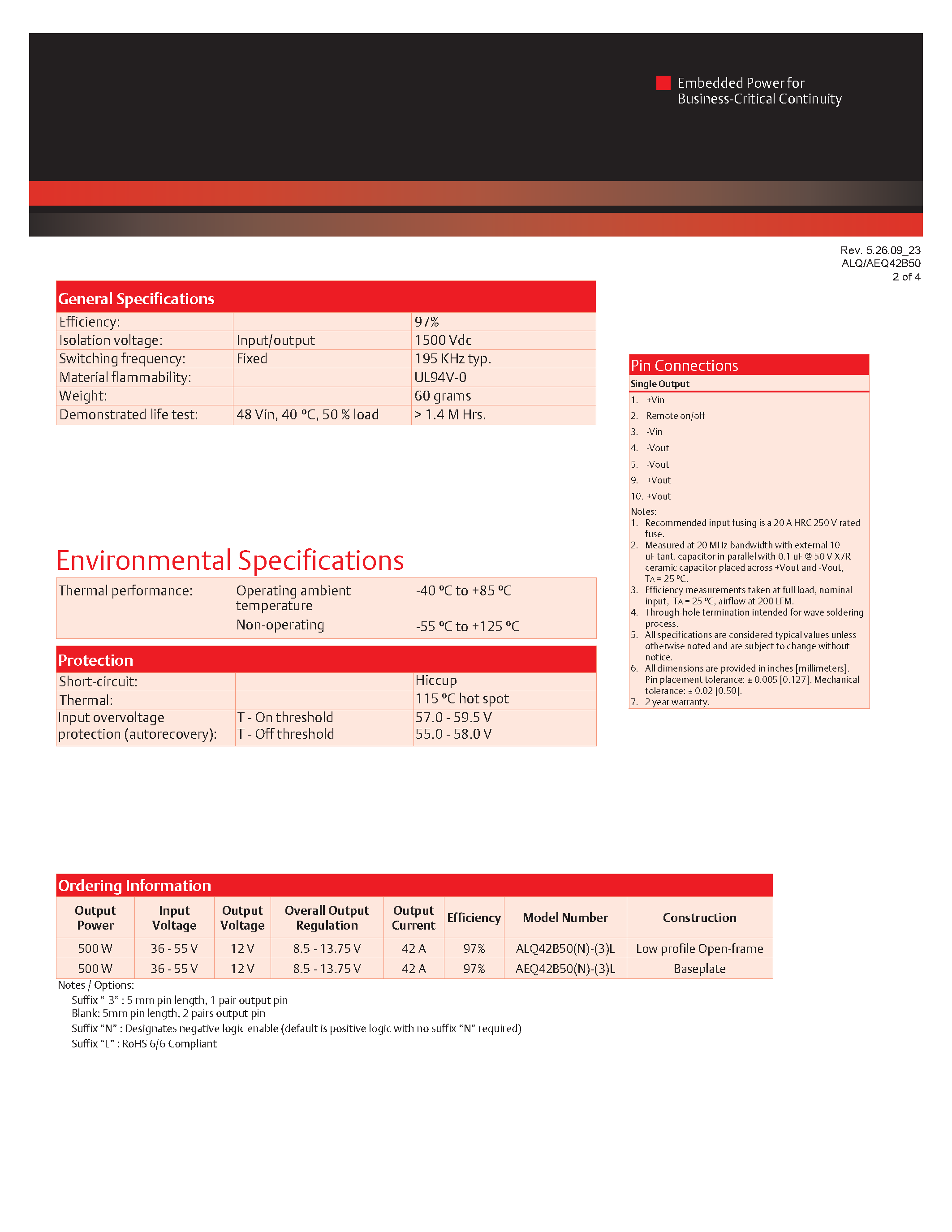 Datasheet AEQ42B50-L page 2 Datasheet AEQ42B50-L - DC-DC / Industry Standard Isolated Quarter Brick page 2