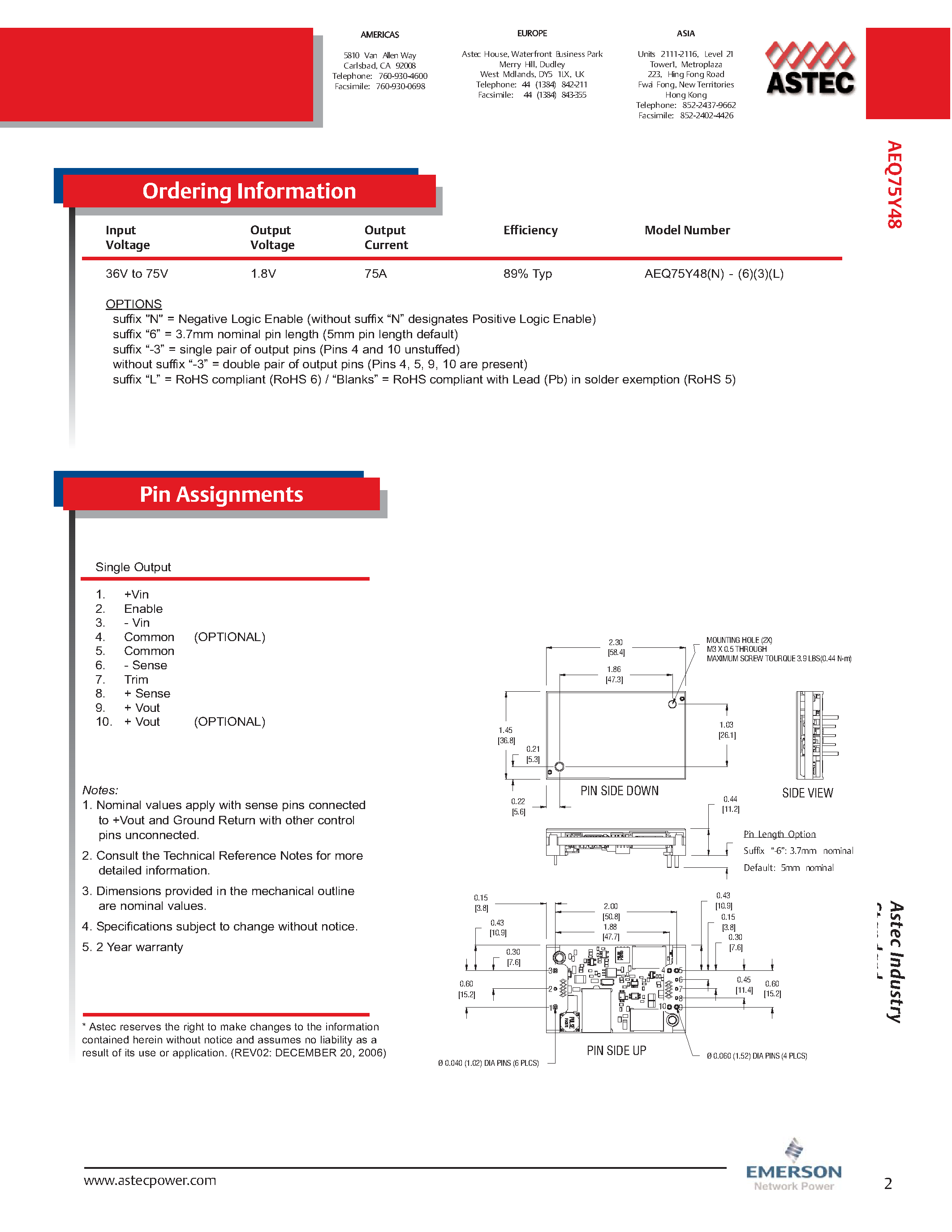 Datasheet AEQ75Y48-L page 2 Datasheet AEQ75Y48-L - DC-DC / Industry Standard Isolated Quarter Brick page 2