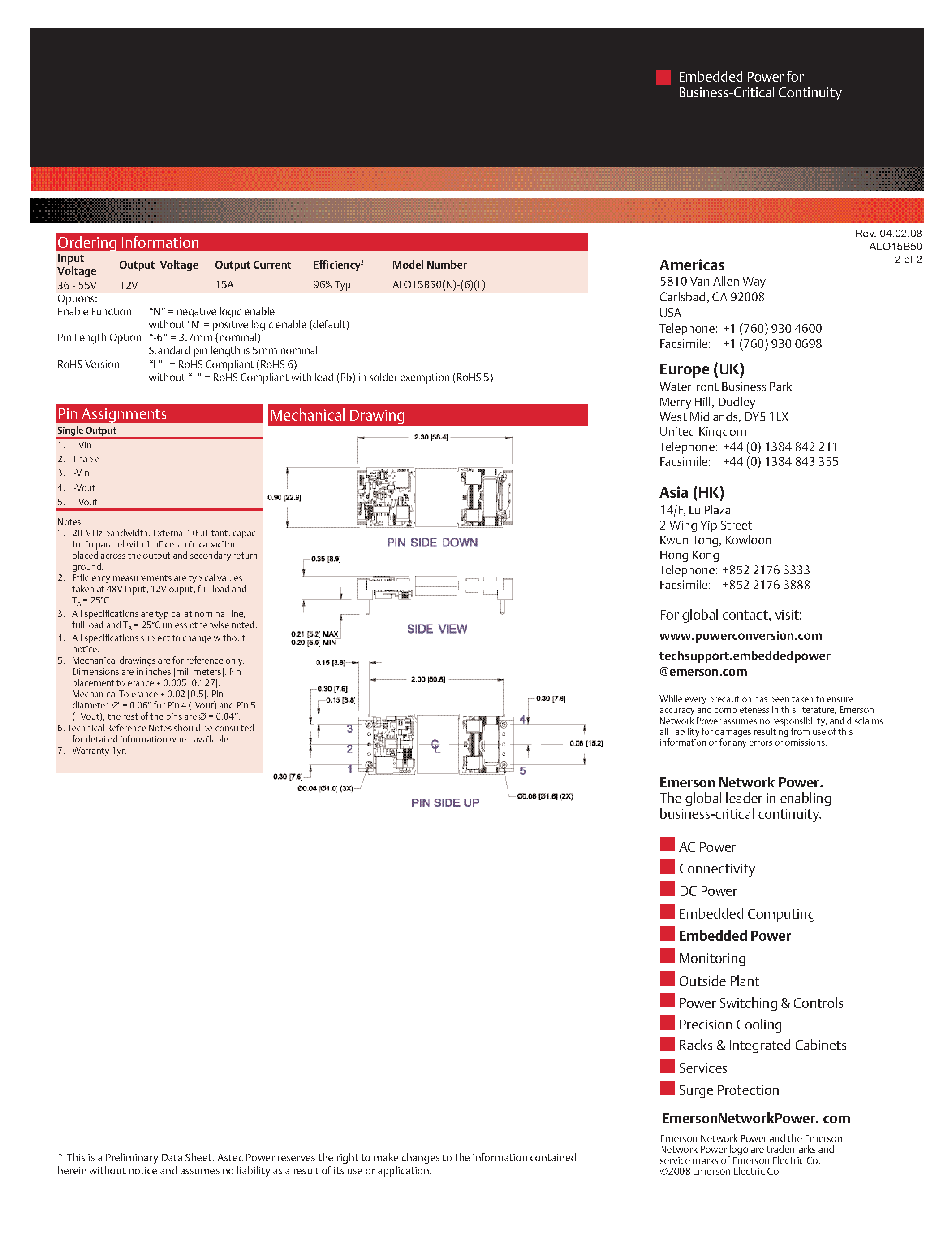 Datasheet ALO15B50-6 - DC-DC / Industry Standard Isolated Eighth Brick page 2