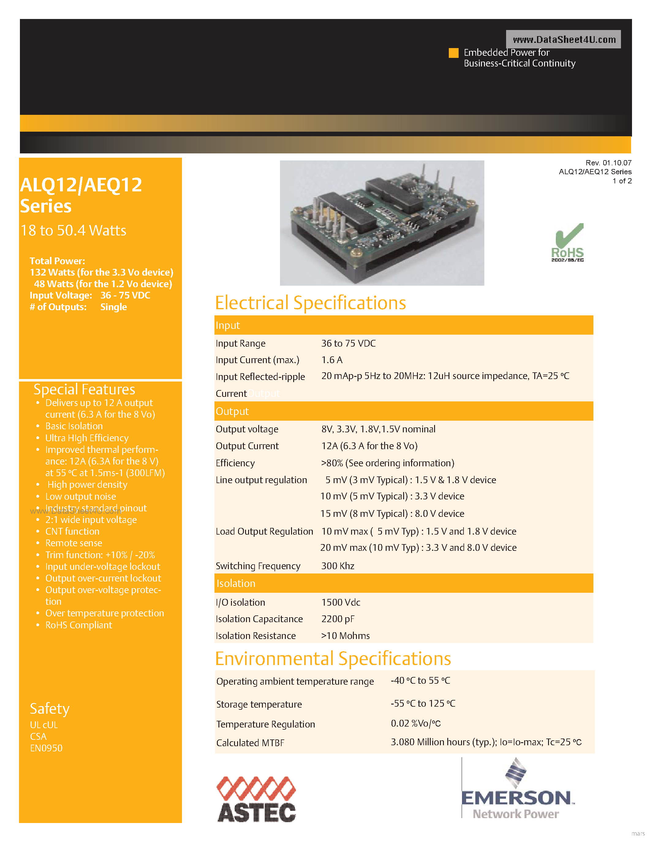 Даташит ALQ12Y48 - DC-DC / Industry Standard Isolated Quarter Brick страница 1