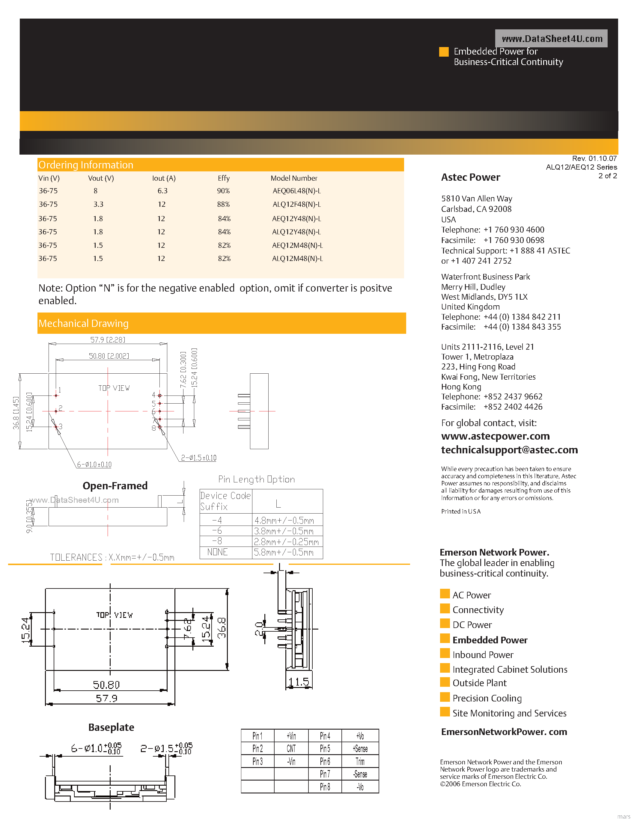 Даташит ALQ12Y48 - DC-DC / Industry Standard Isolated Quarter Brick страница 2