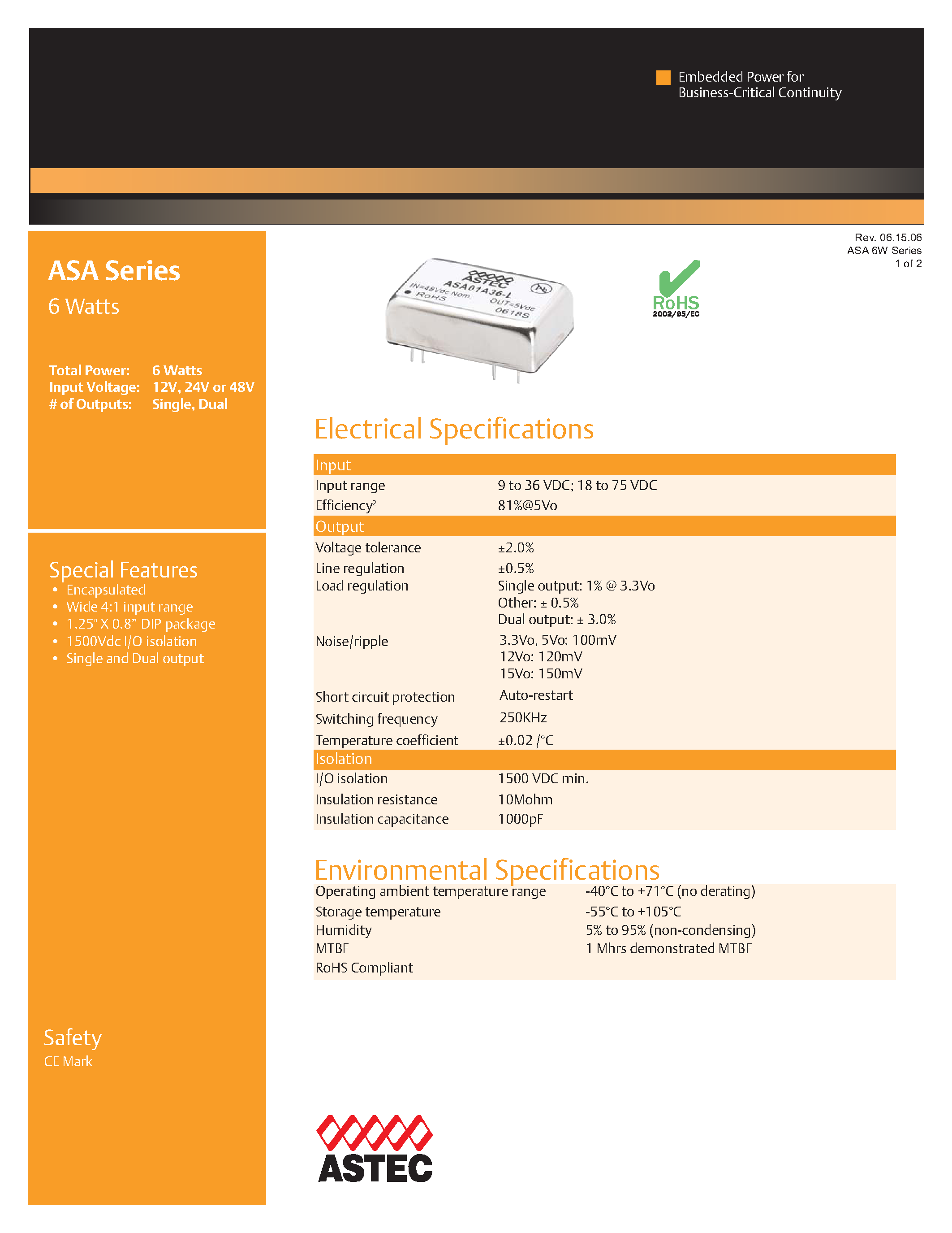 Даташит ASA00AA18-L - DC-DC / Low Power Isolated Industrial страница 1