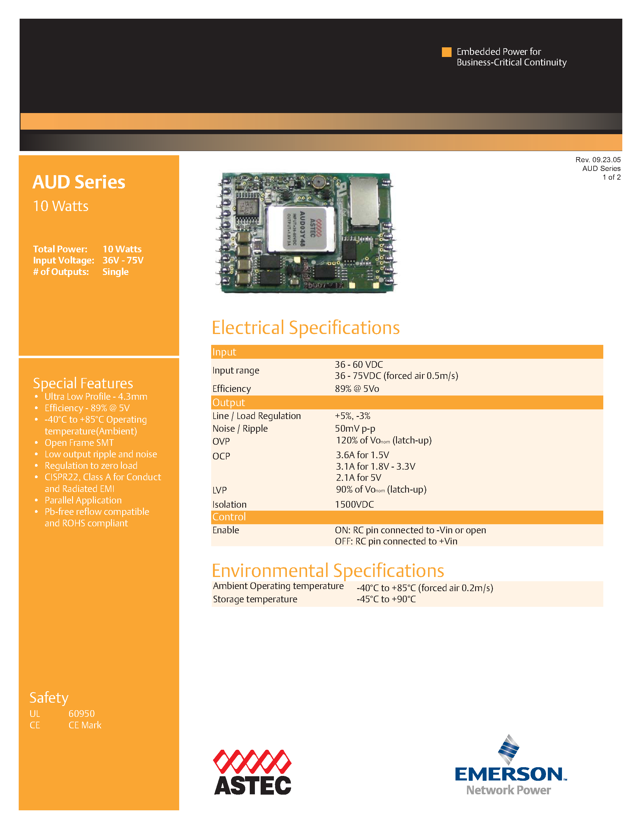 Datasheet AUD03M48-L page 1 Datasheet AUD03M48-L - DC-DC / Ultra Low Profile Isolated page 1