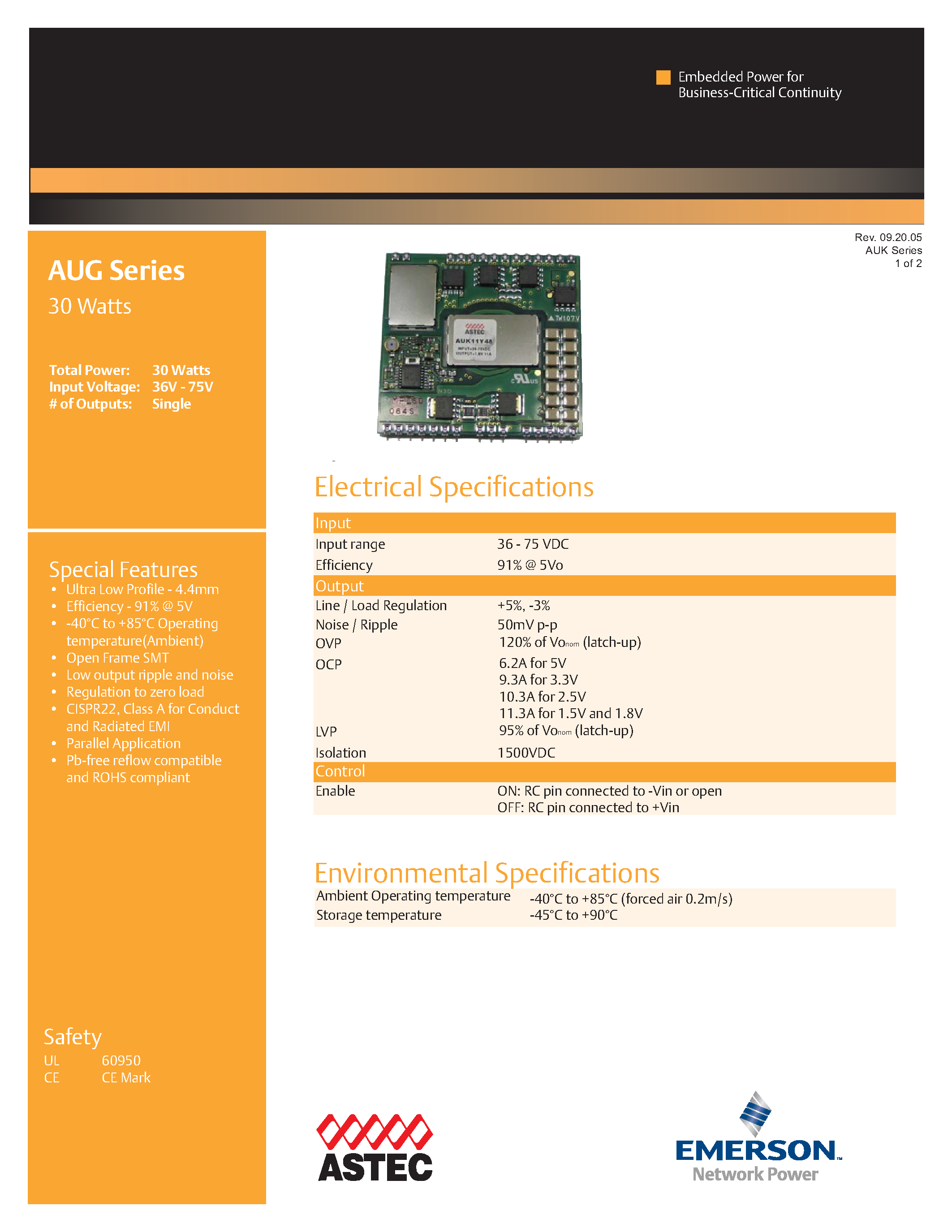 Datasheet AUK06A48-L page 1 Datasheet AUK06A48-L - DC-DC / Ultra Low Profile Isolated page 1