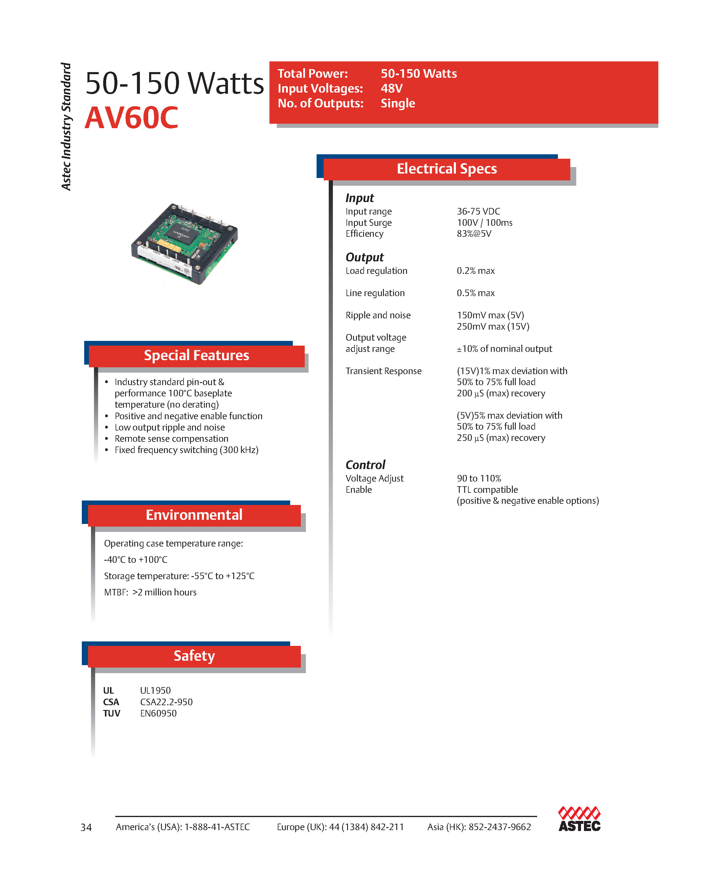 Даташит AV60A-048L-033D025 - DC-DC / Industry Standard Isolated Half Brick страница 1
