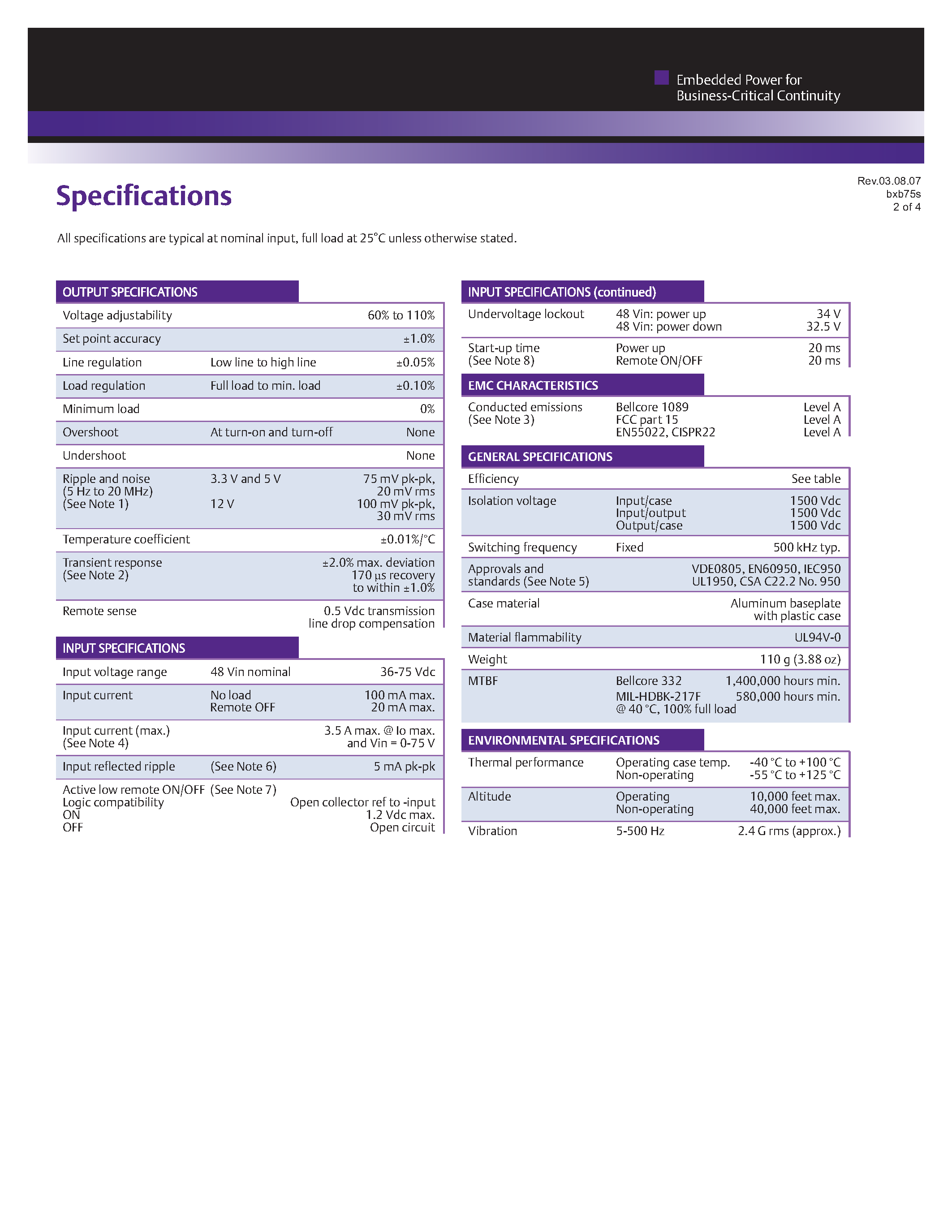 Datasheet BXB75-48D3V32V5FHY page 2 Datasheet BXB75-48D3V32V5FHY - DC-DC / Industry Standard Isolated Half Brick page 2
