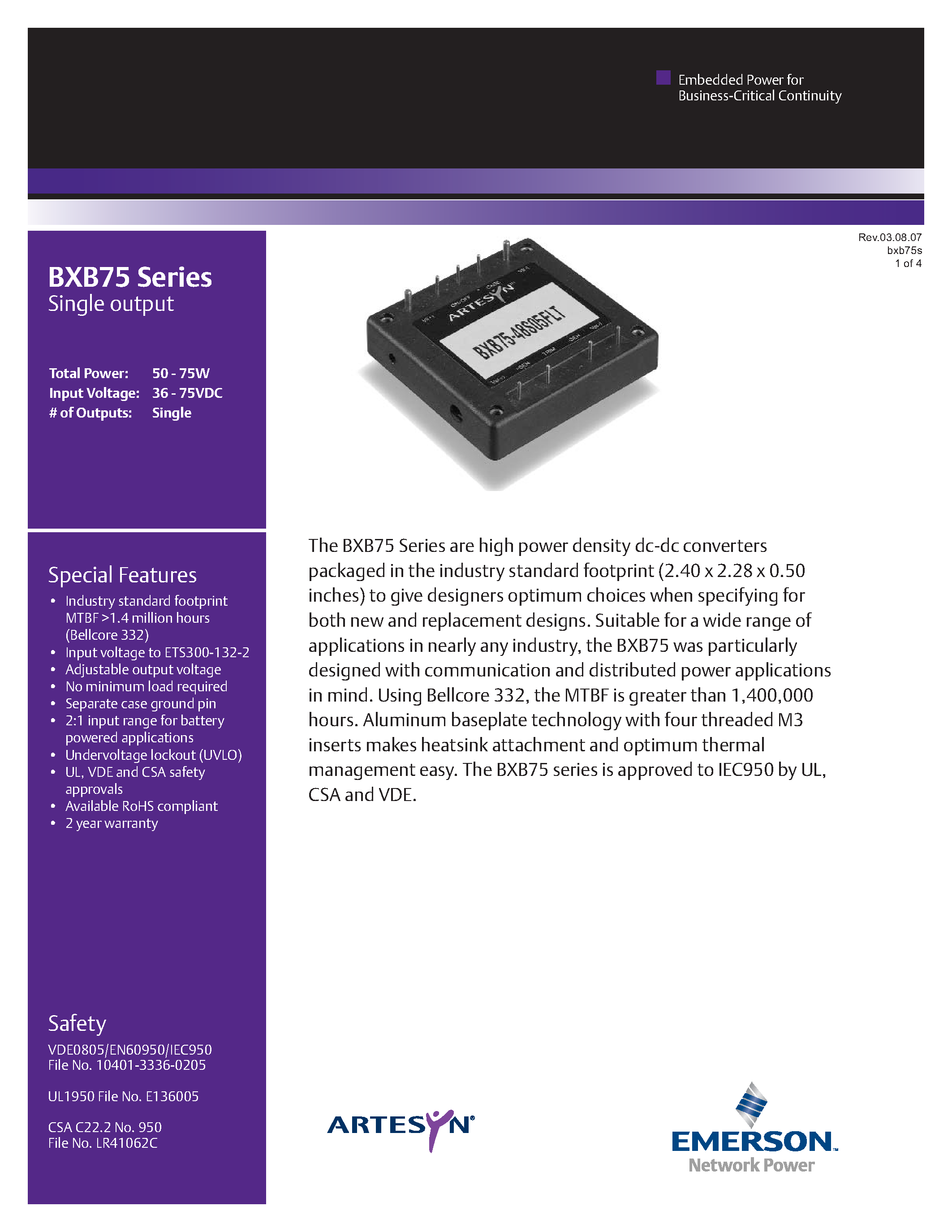 Datasheet BXB75-48S12FHTJ page 1 Datasheet BXB75-48S12FHTJ - DC-DC / Industry Standard Isolated Half Brick page 1