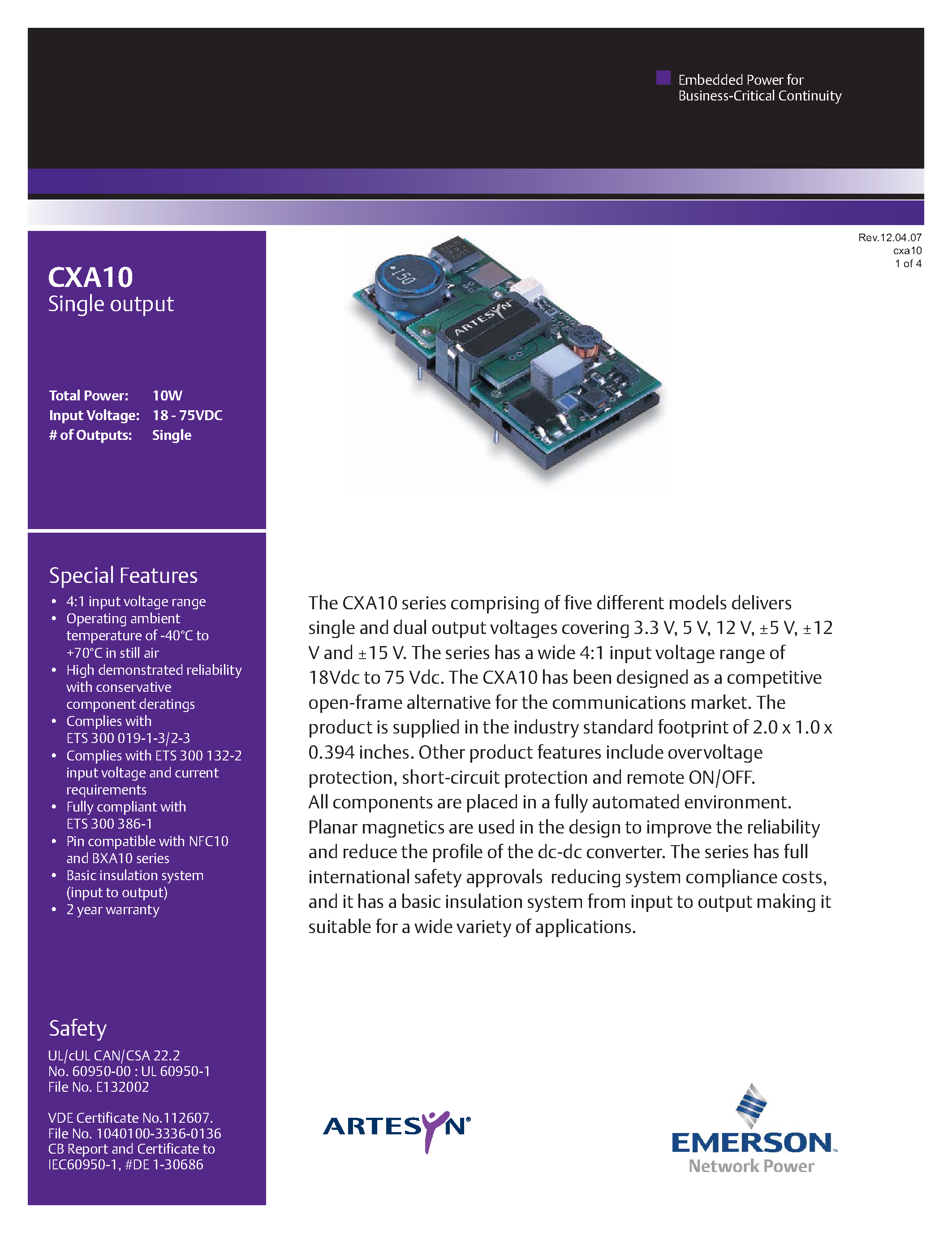 Datasheet CXA10-48D05Y - DC-DC / Low Power Isolated Industrial page 1