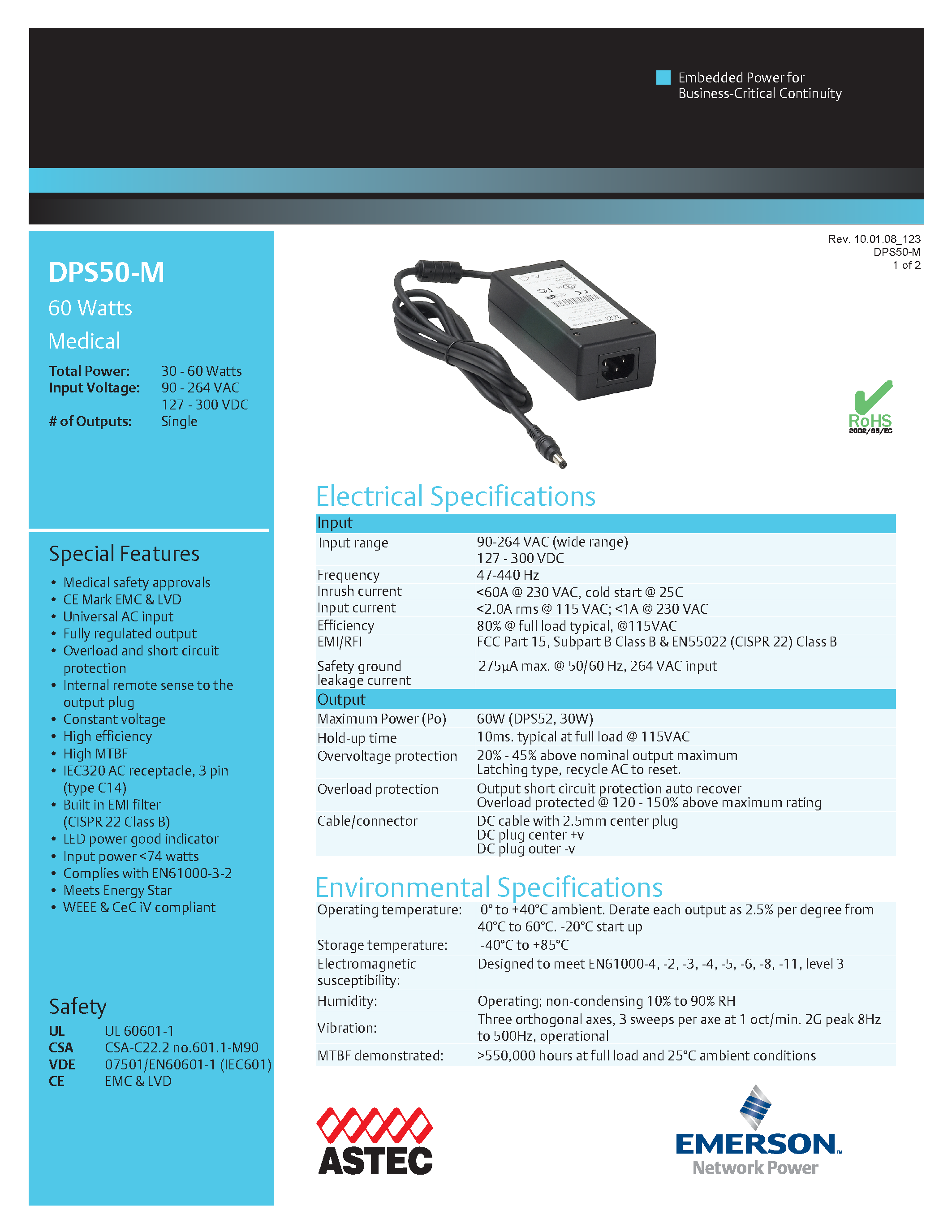 Даташит DPS58-M - AC-DC / External Freestanding Medical Adapter страница 1