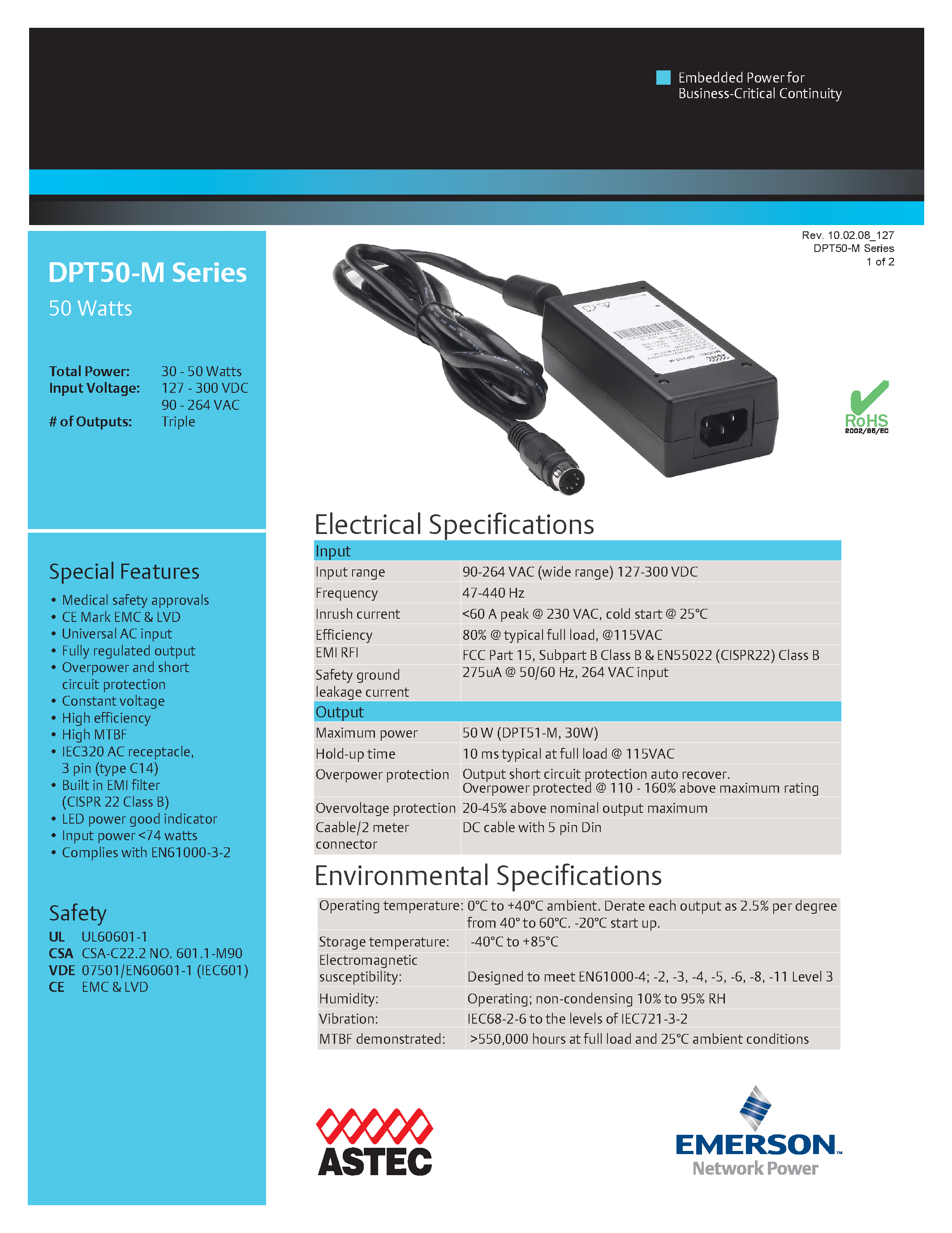 Даташит DPT52-M - AC-DC / External Freestanding Medical Adapter страница 1