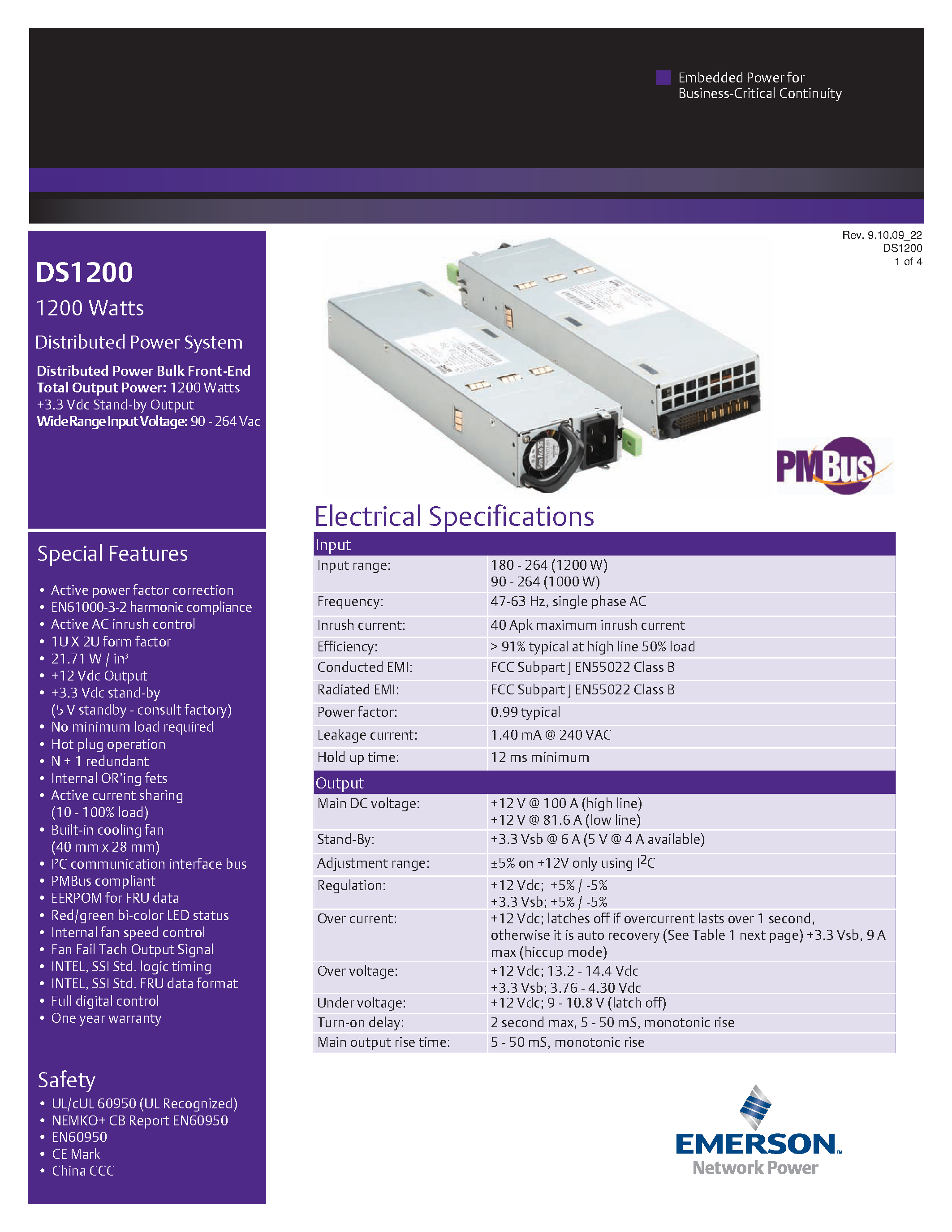 Datasheet DS1200-3-005 - AC-DC / Distributed Power Front-End 1U page 1