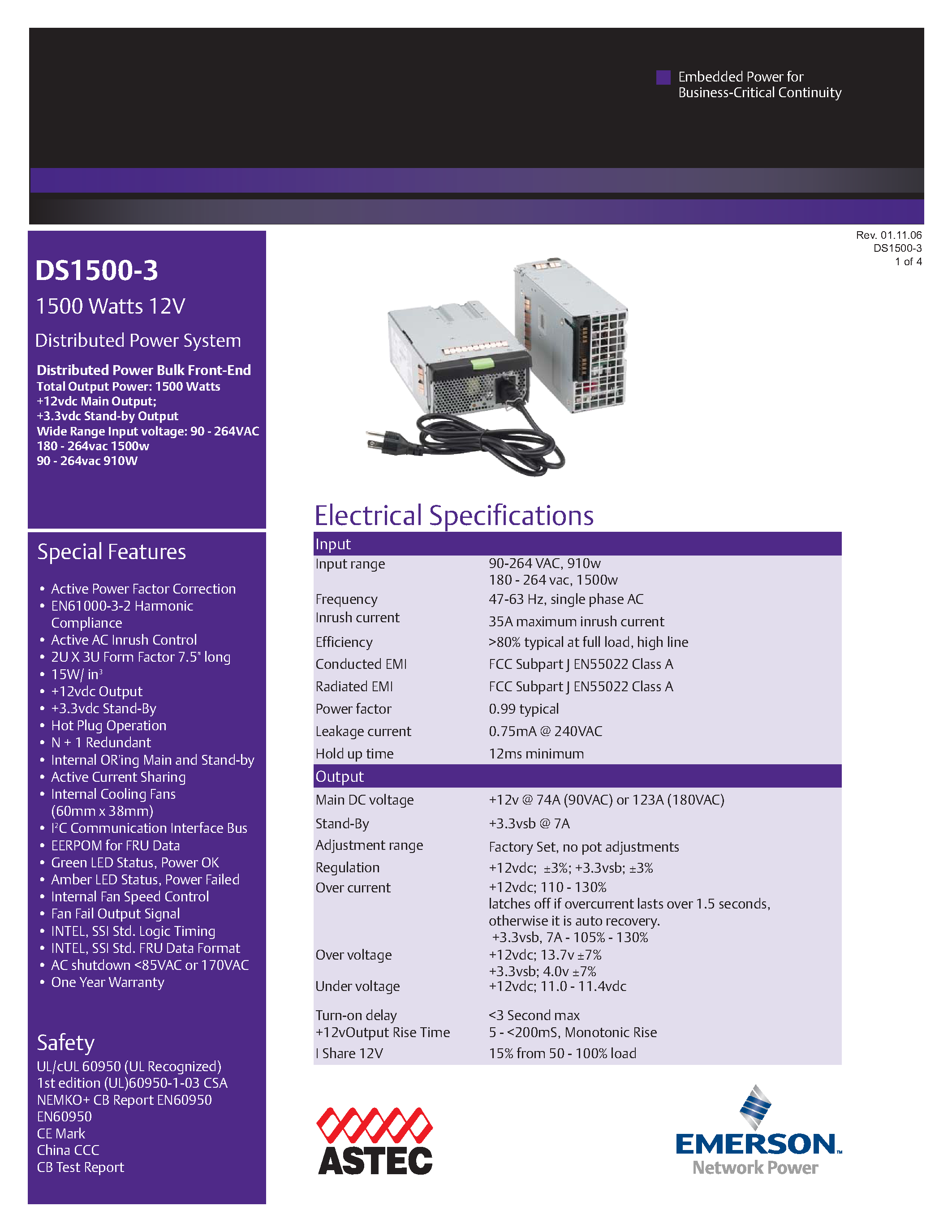 Datasheet DS1500-3 - AC-DC / Distributed Power Front-End 2U page 1