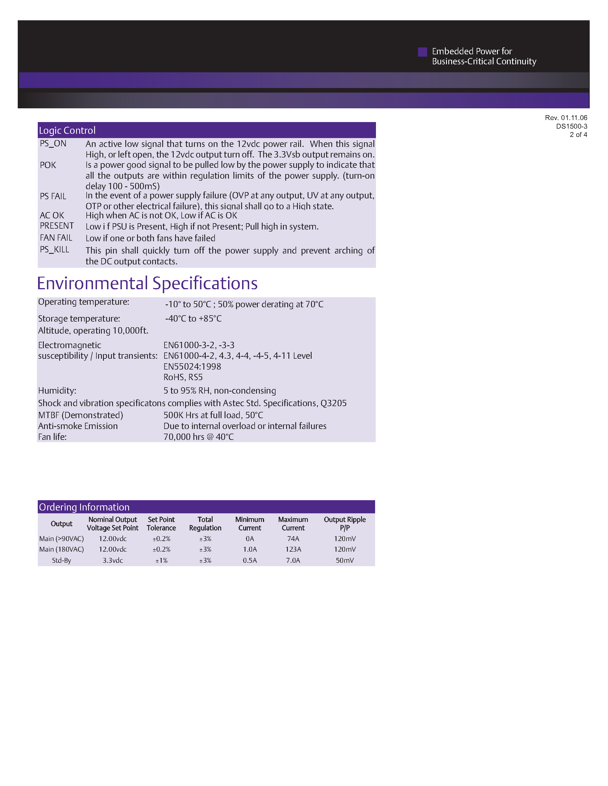 Datasheet DS1500-3 - AC-DC / Distributed Power Front-End 2U page 2