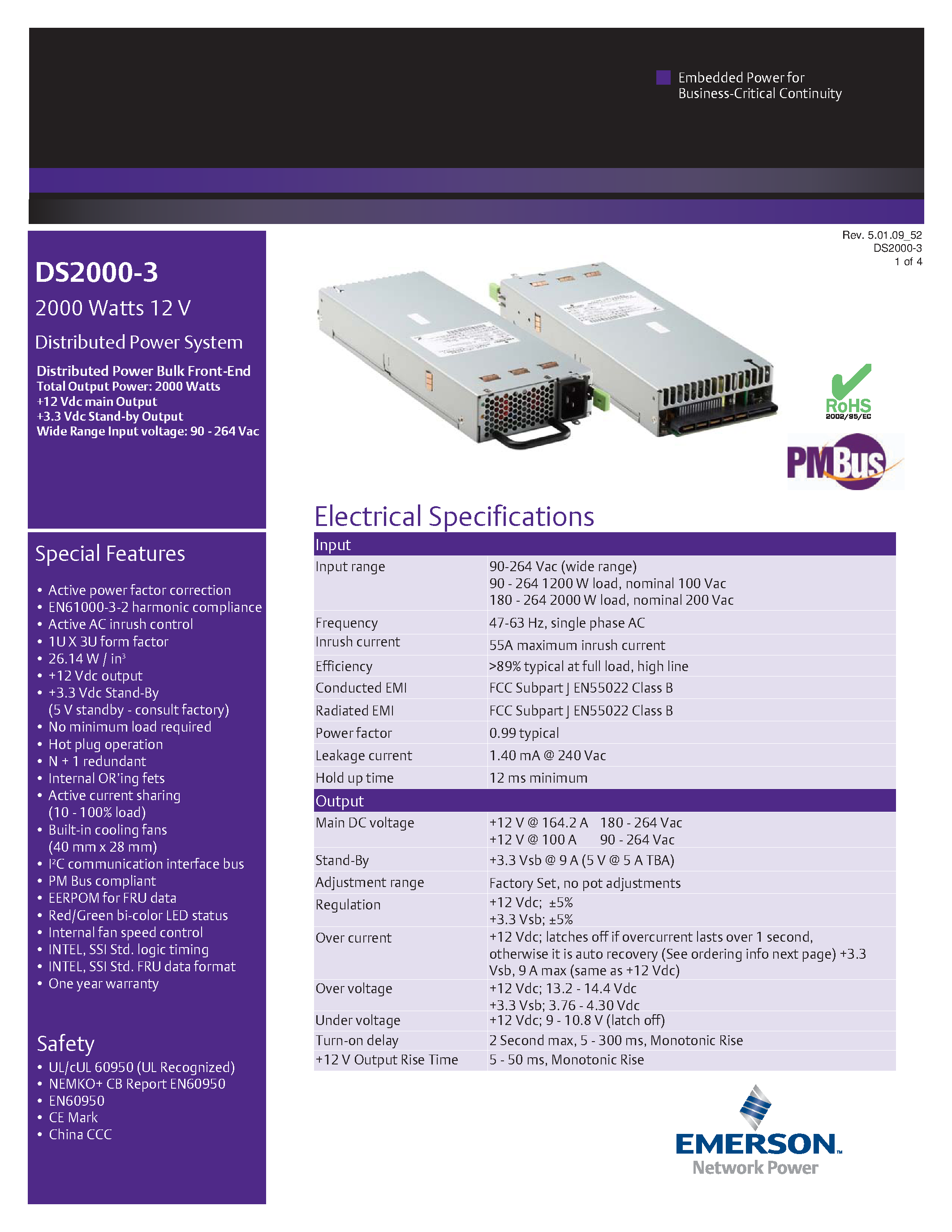 Datasheet DS2000-3 page 1 Datasheet DS2000-3 - AC-DC / Distributed Power Front-End 1U page 1