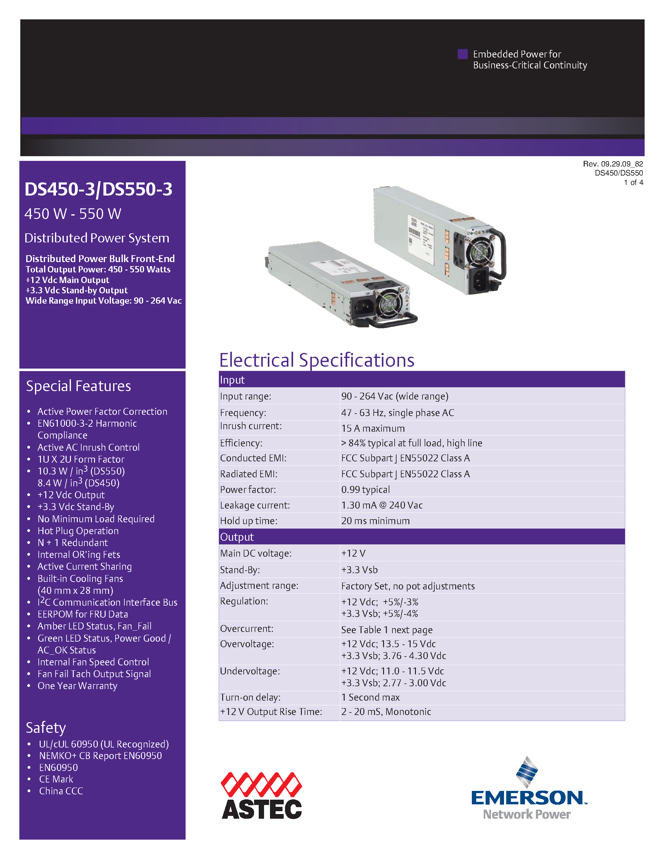 Datasheet DS450-3 page 1 Datasheet DS450-3 - AC-DC / Distributed Power Front-End 1U page 1