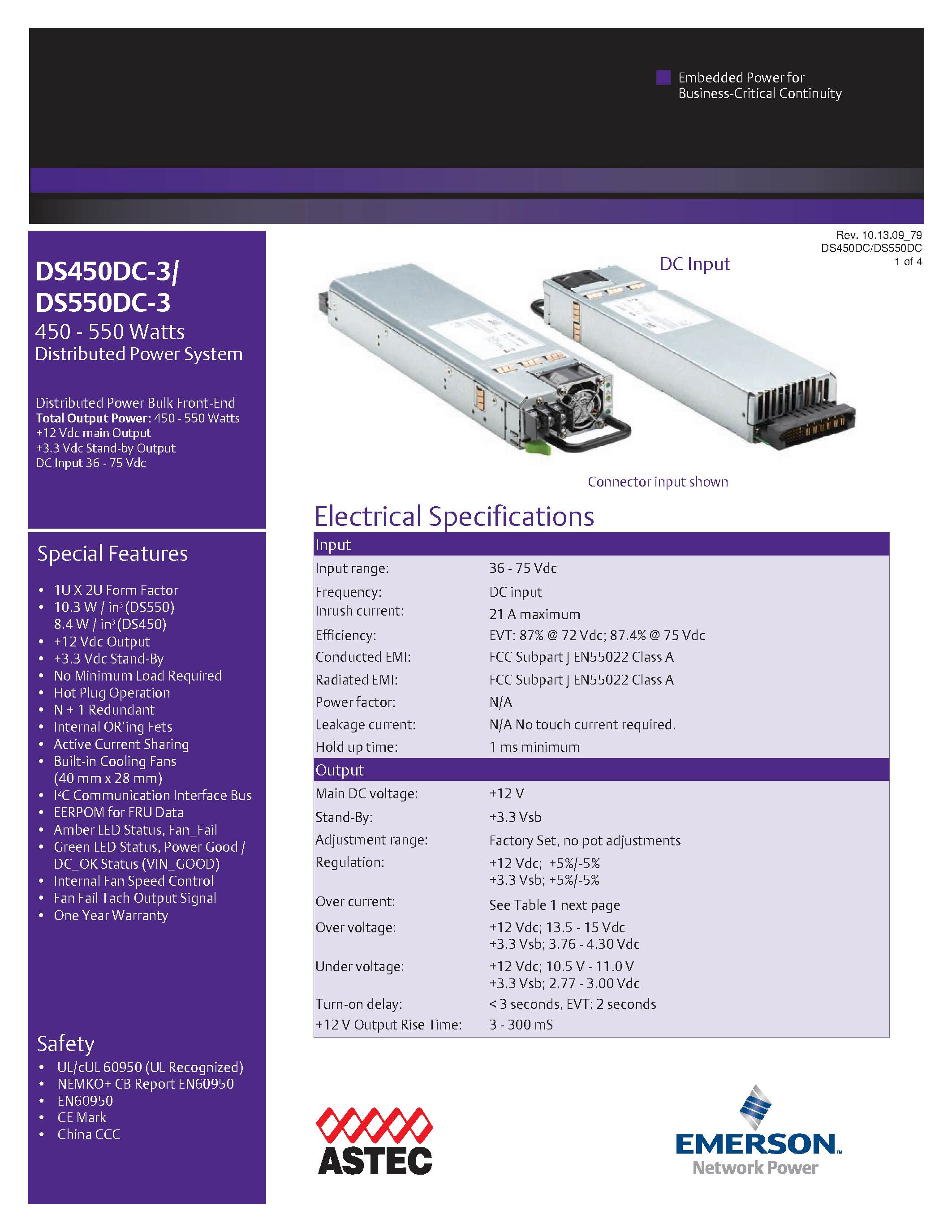 Datasheet DS550DC-3 page 1 Datasheet DS550DC-3 - AC-DC / Distributed Power Front-End 1U page 1