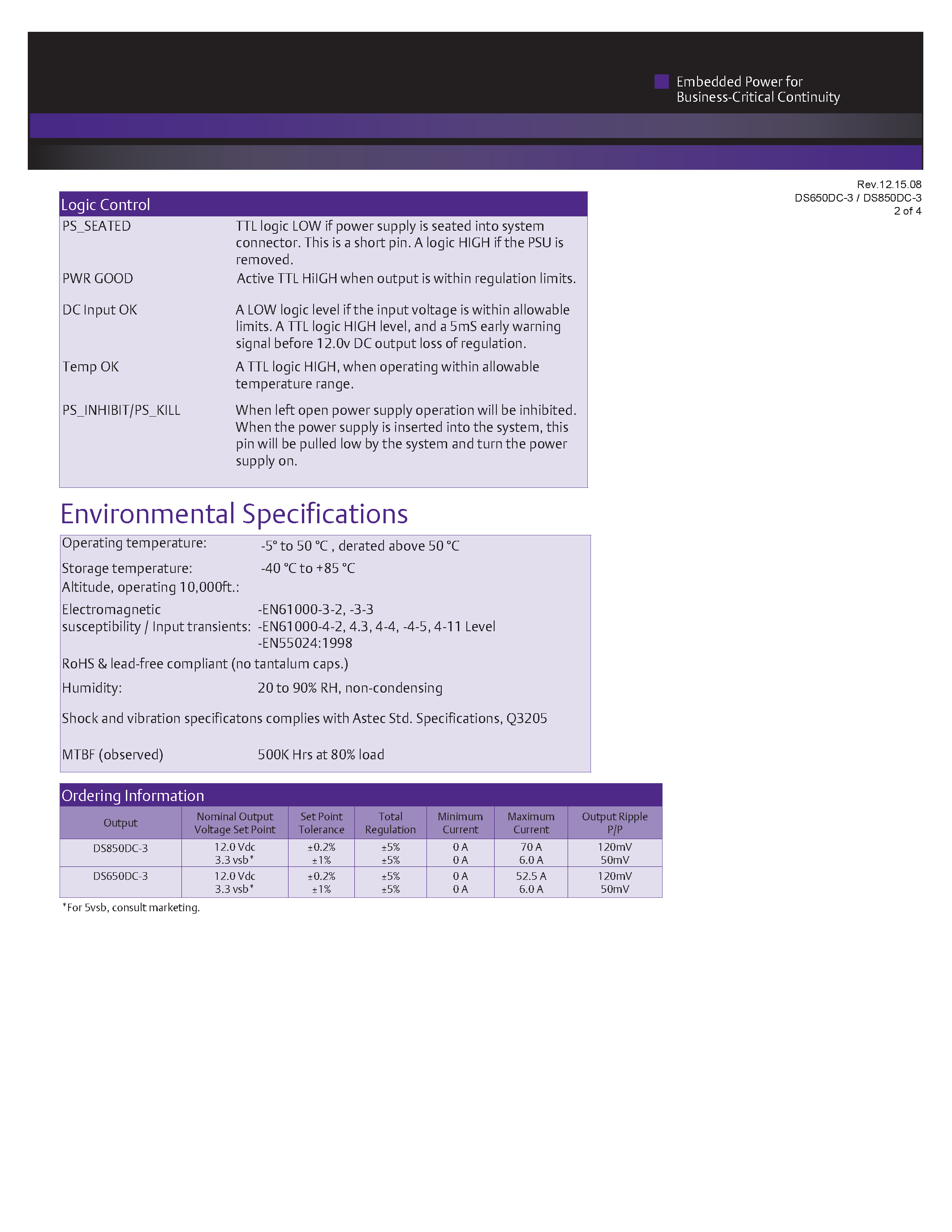 Datasheet DS650DC-3 - AC-DC / Distributed Power Front-End 1U page 2