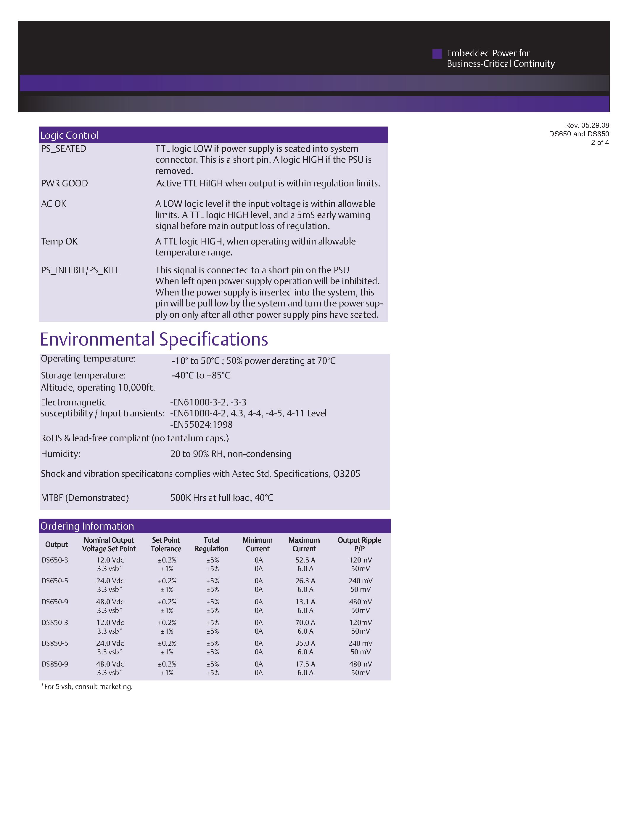 Datasheet DS850-3 - AC-DC / Distributed Power Front-End 1U page 2