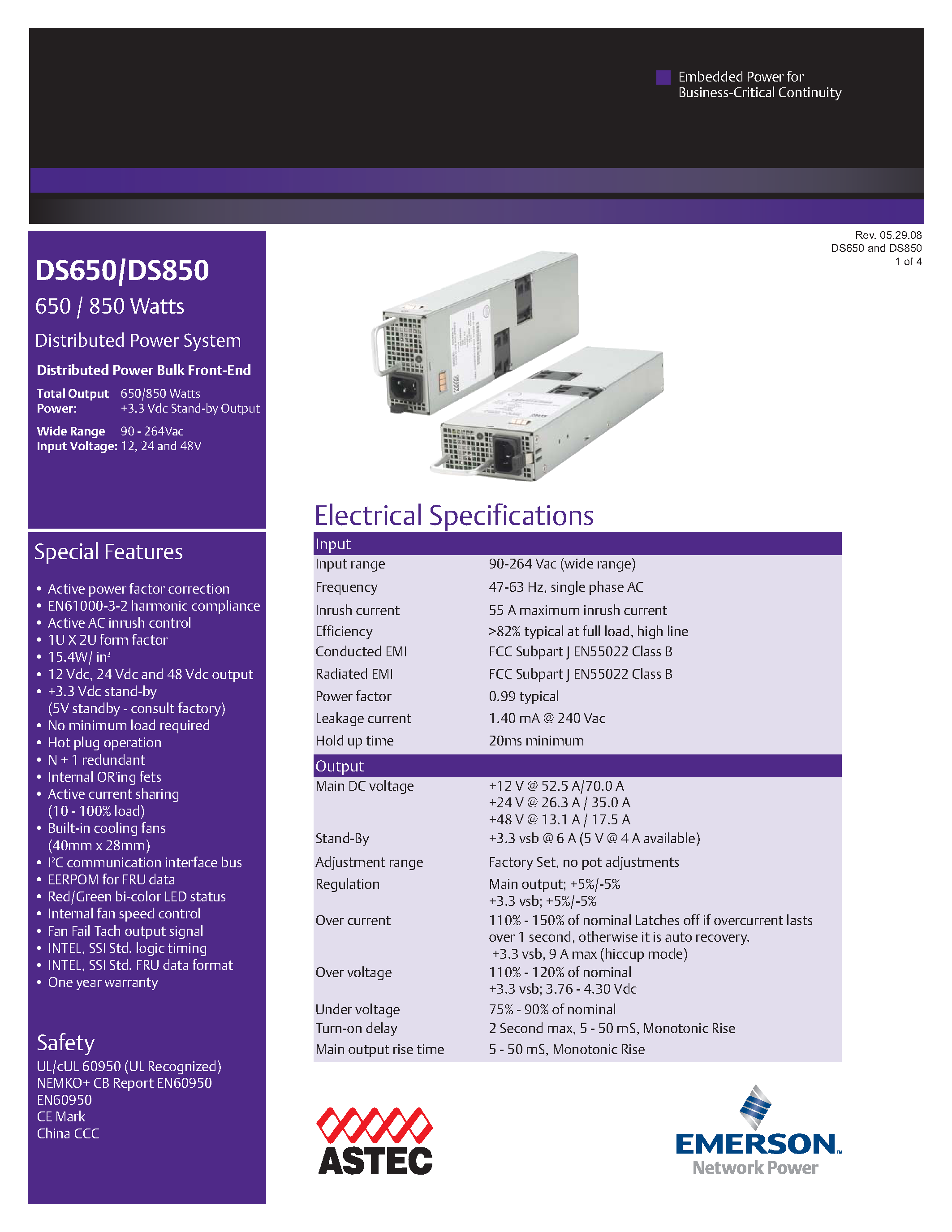 Datasheet DS850-5 - AC-DC / Distributed Power Front-End 1U page 1