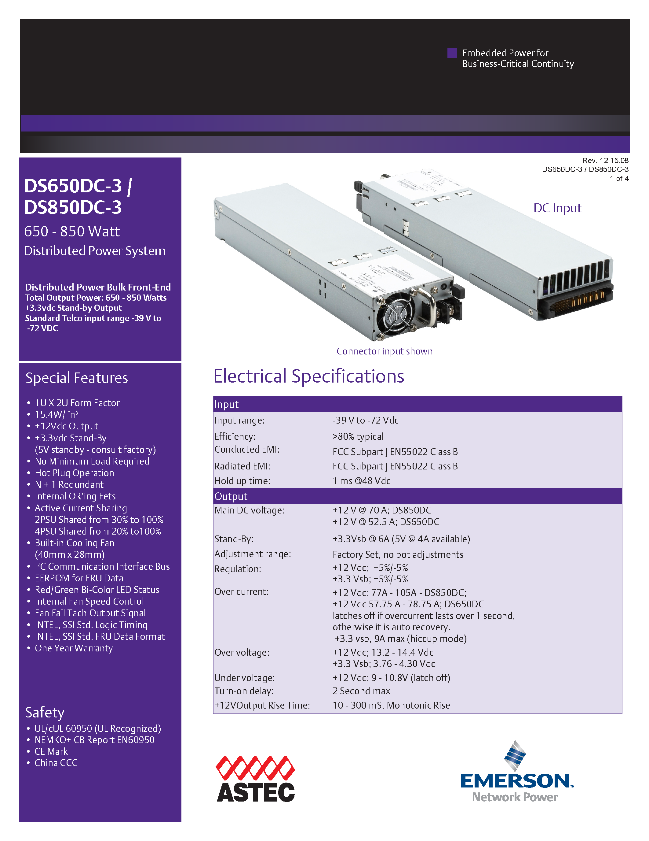 Datasheet DS850DC-3 - AC-DC / Distributed Power Front-End 1U page 1