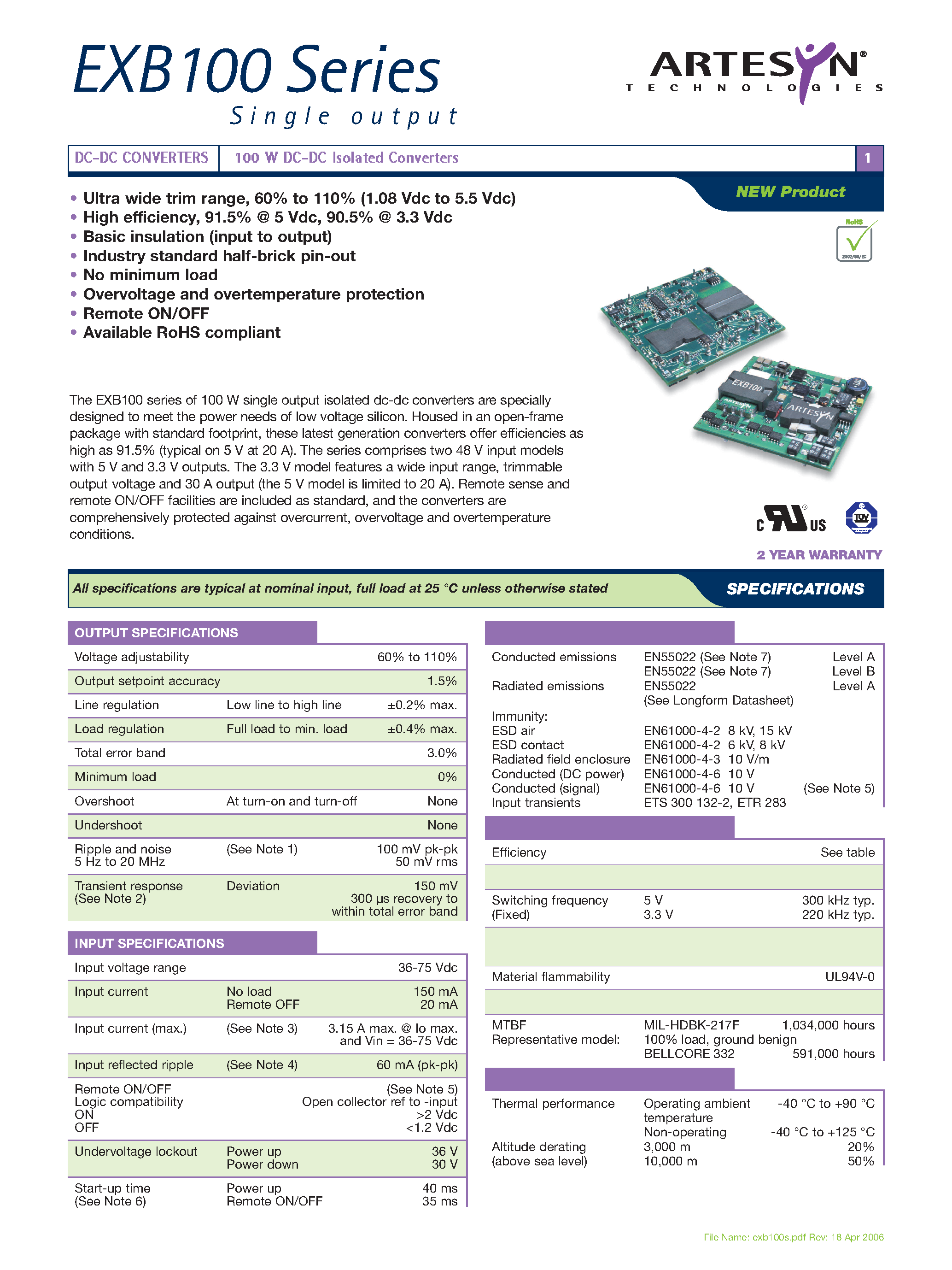 Даташит EXB100-48S3V3-RNJ - DC-DC / Industry Standard Isolated Half Brick страница 1