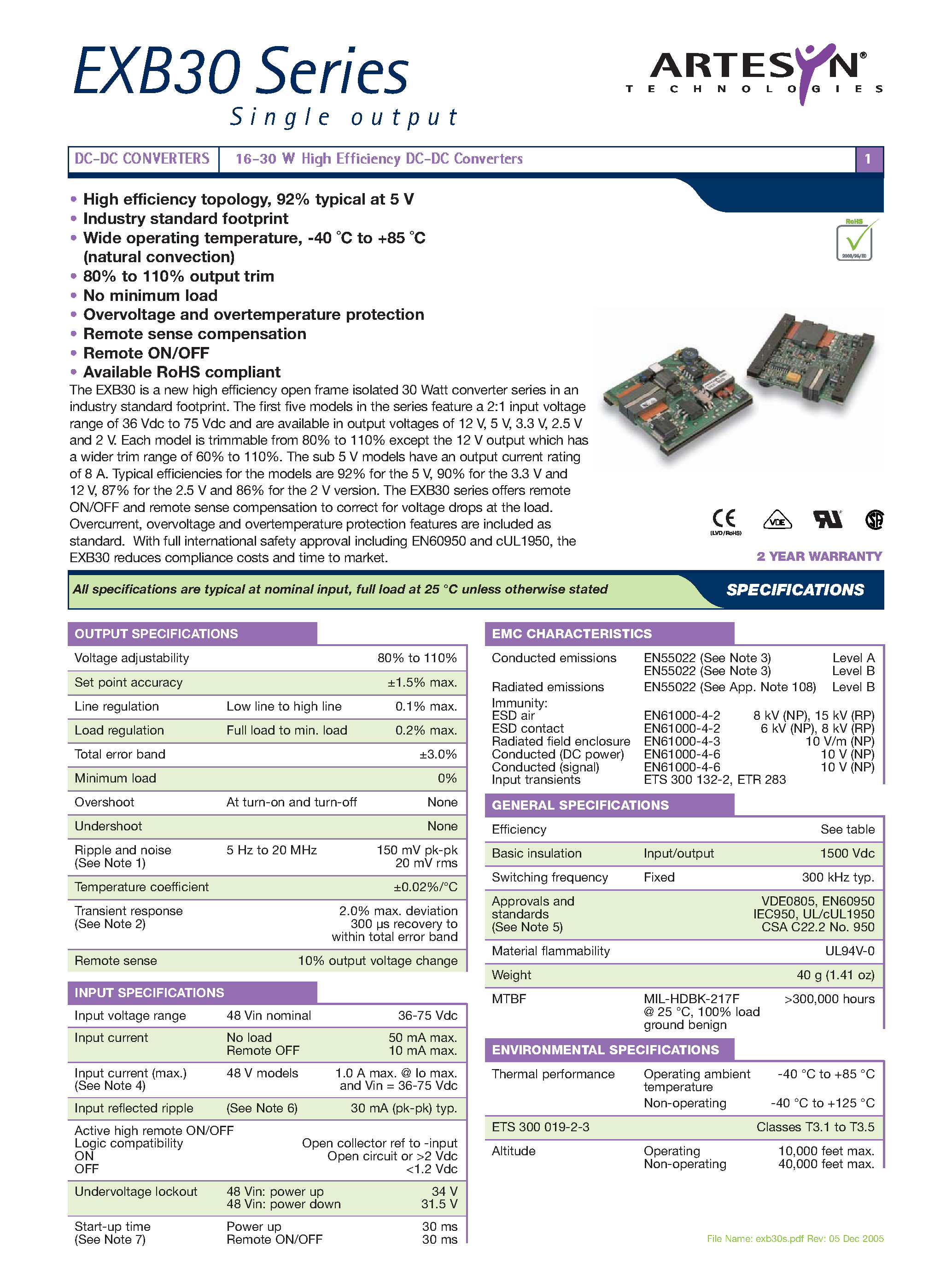 Даташит EXB30-48S3V3Y - DC-DC / Industry Standard Isolated Half Brick страница 1