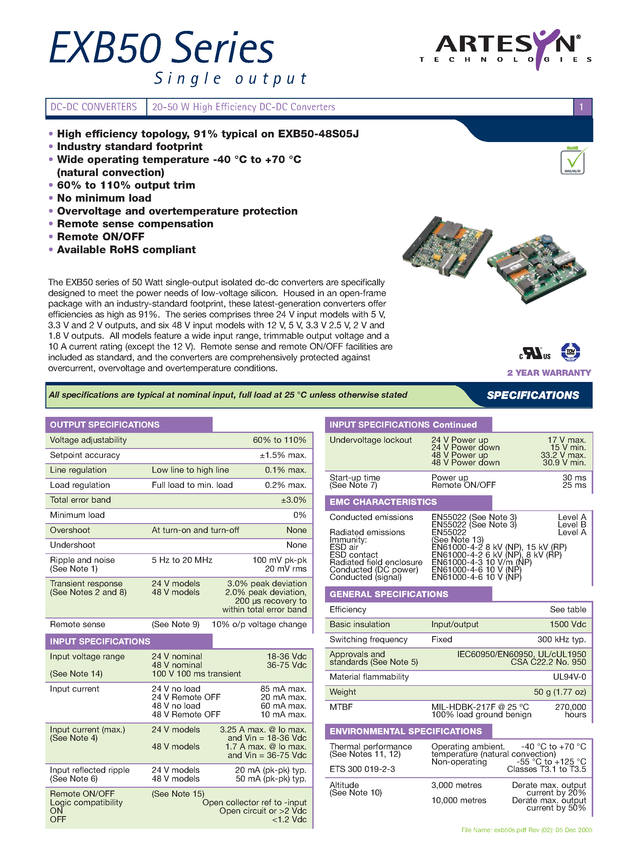 Даташит на микросхему EXB50-48S12-RY страница 1 Даташит EXB50-48S12-RY - DC-DC / Industry Standard Isolated Half Brick страница 1