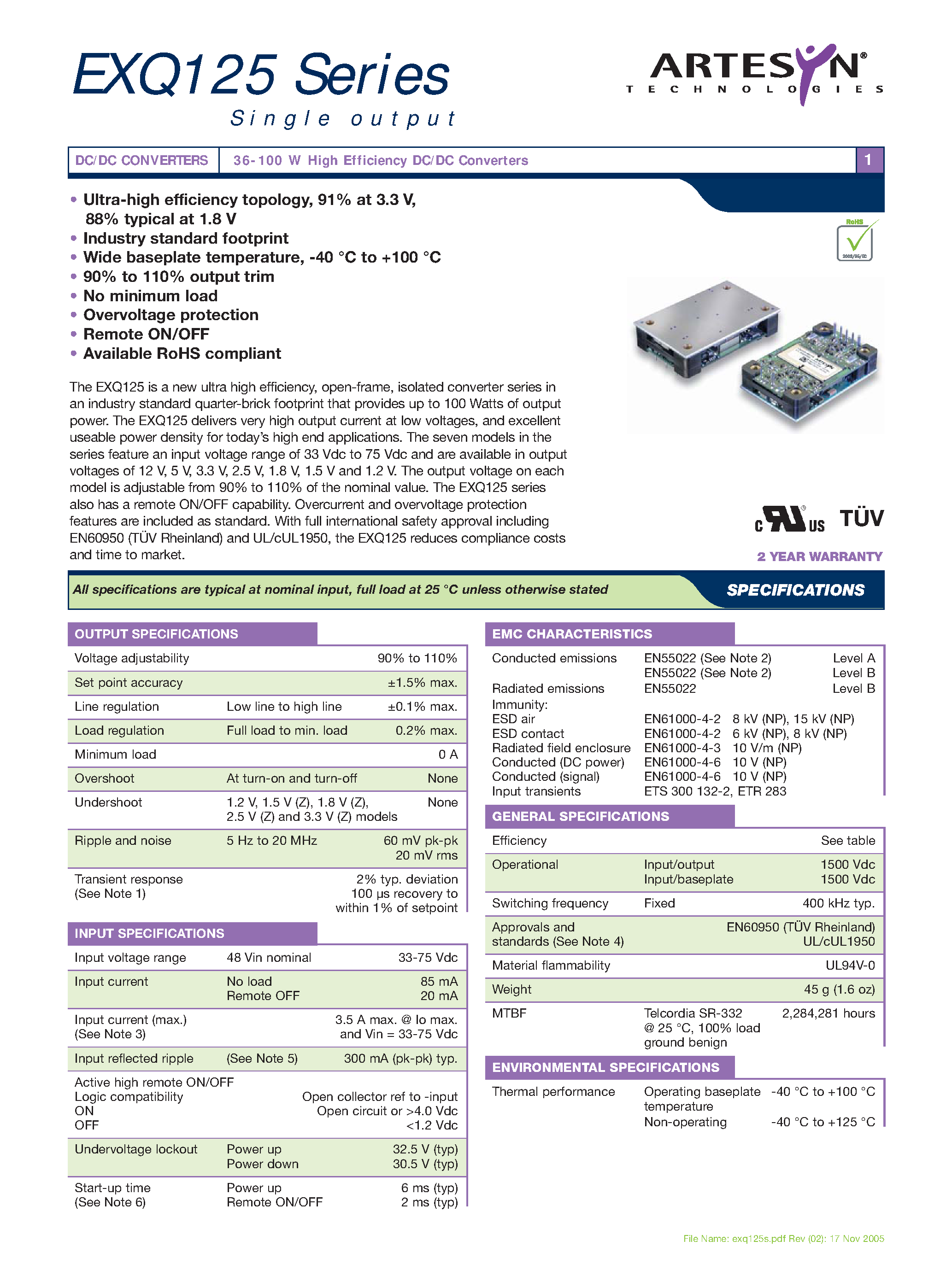Даташит на микросхему EXQ125-48S05-RKJ страница 1 Даташит EXQ125-48S05-RKJ - DC-DC / Industry Standard Isolated Quarter Brick страница 1
