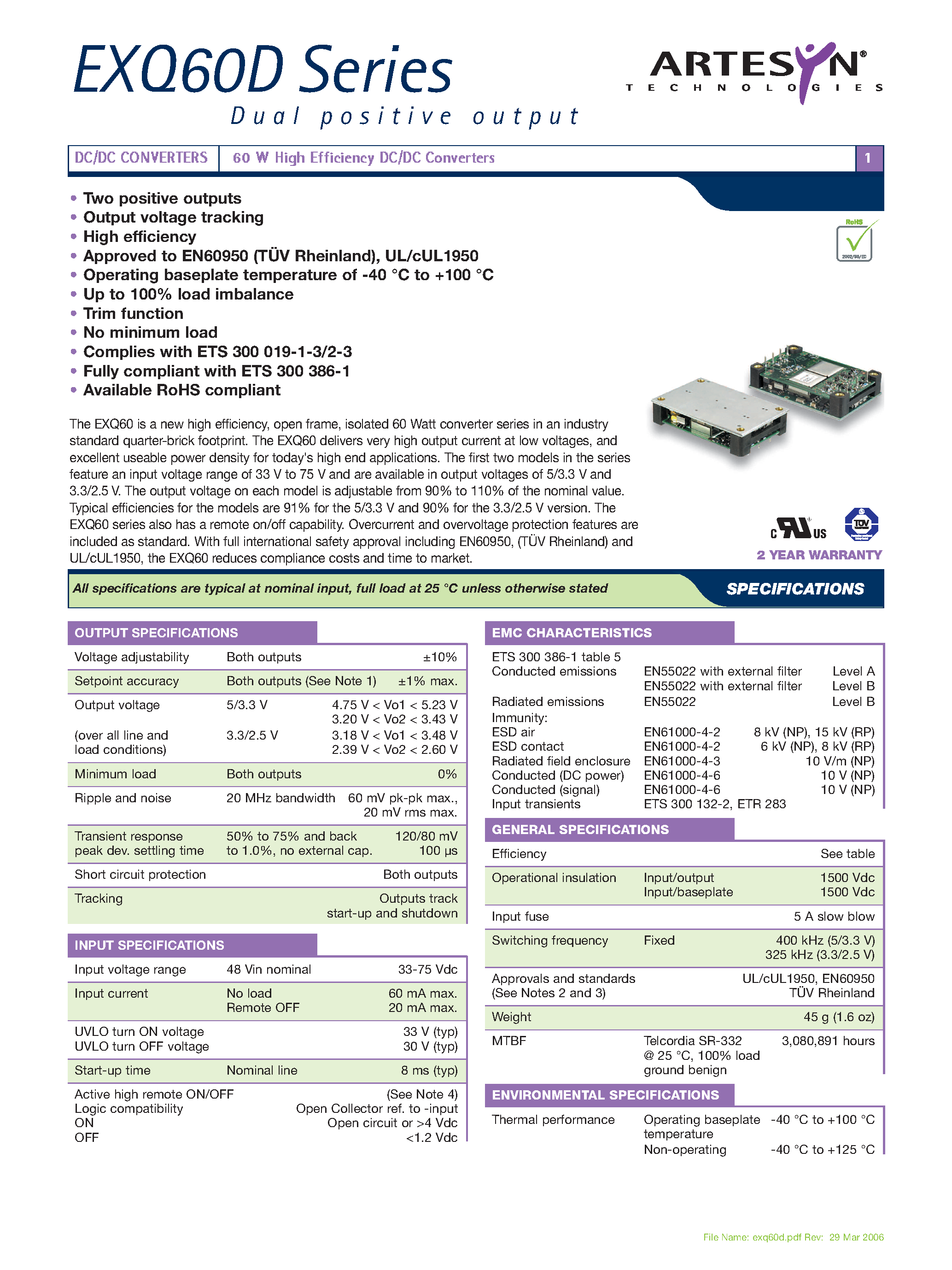 Даташит EXQ60-48D05-3V3-RJ - DC-DC / Industry Standard Isolated Quarter Brick страница 1