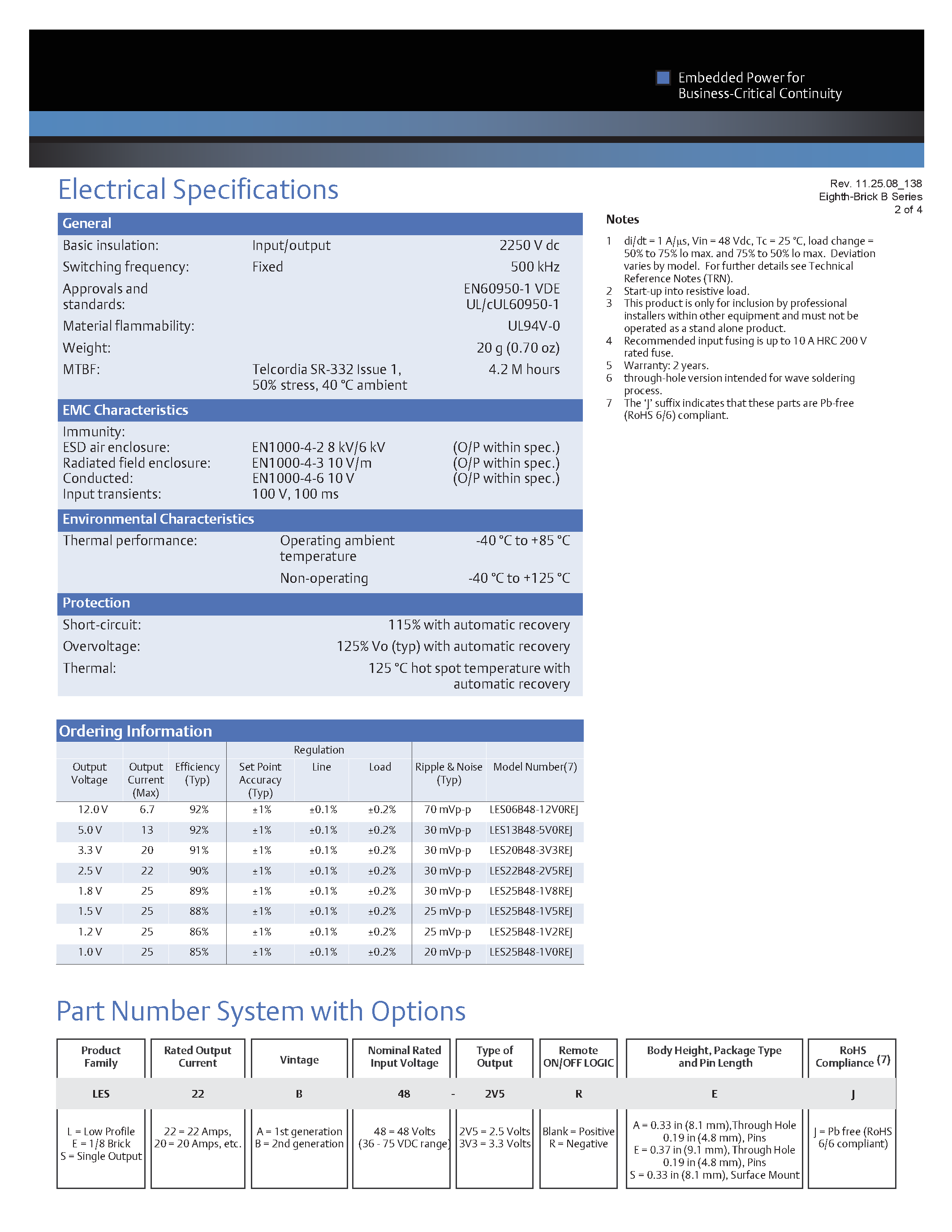 Даташит LES06B48-12V0EJ - DC-DC / Industry Standard Isolated Eighth Brick страница 2
