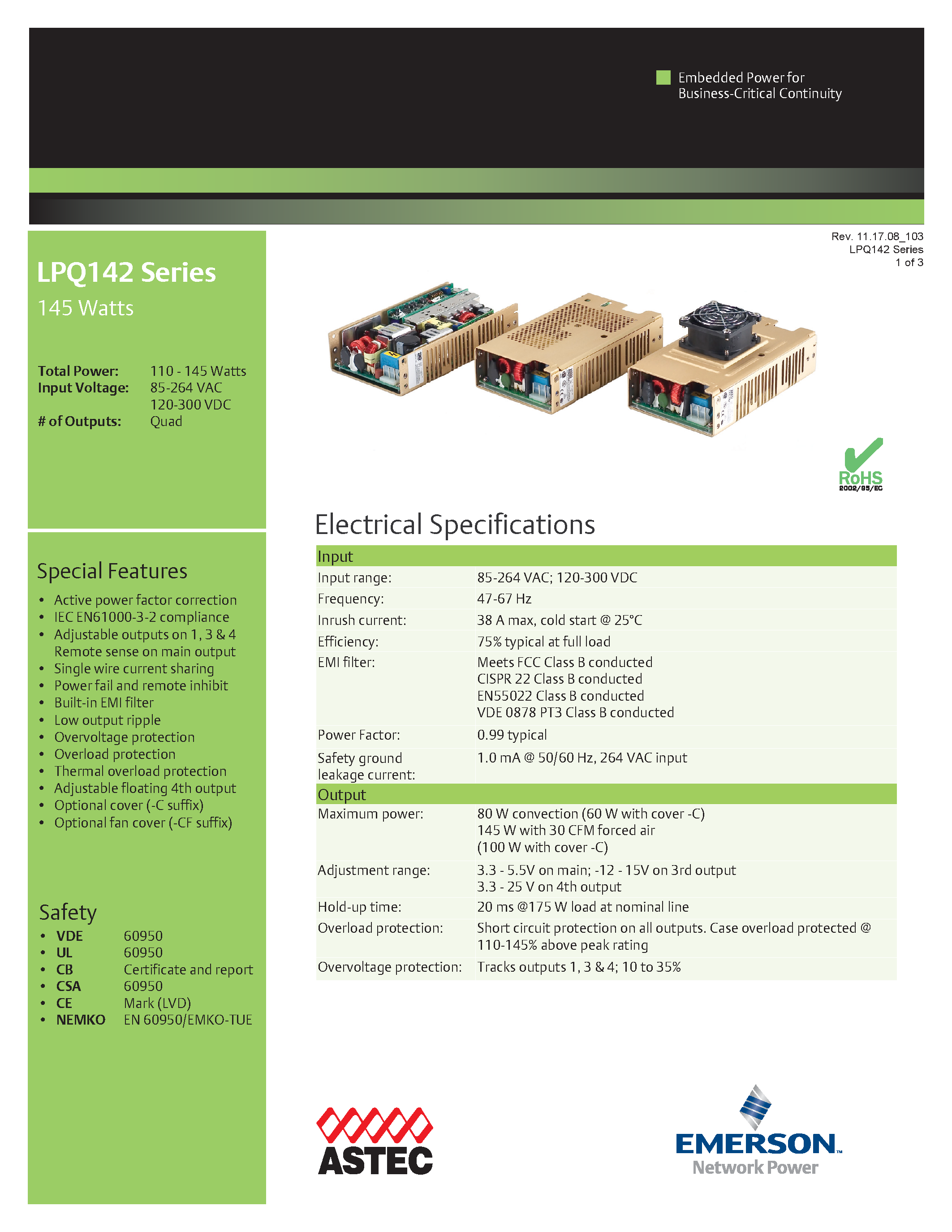 Datasheet LPQ142-C page 1 Datasheet LPQ142-C - AC-DC / 136W - 260W page 1