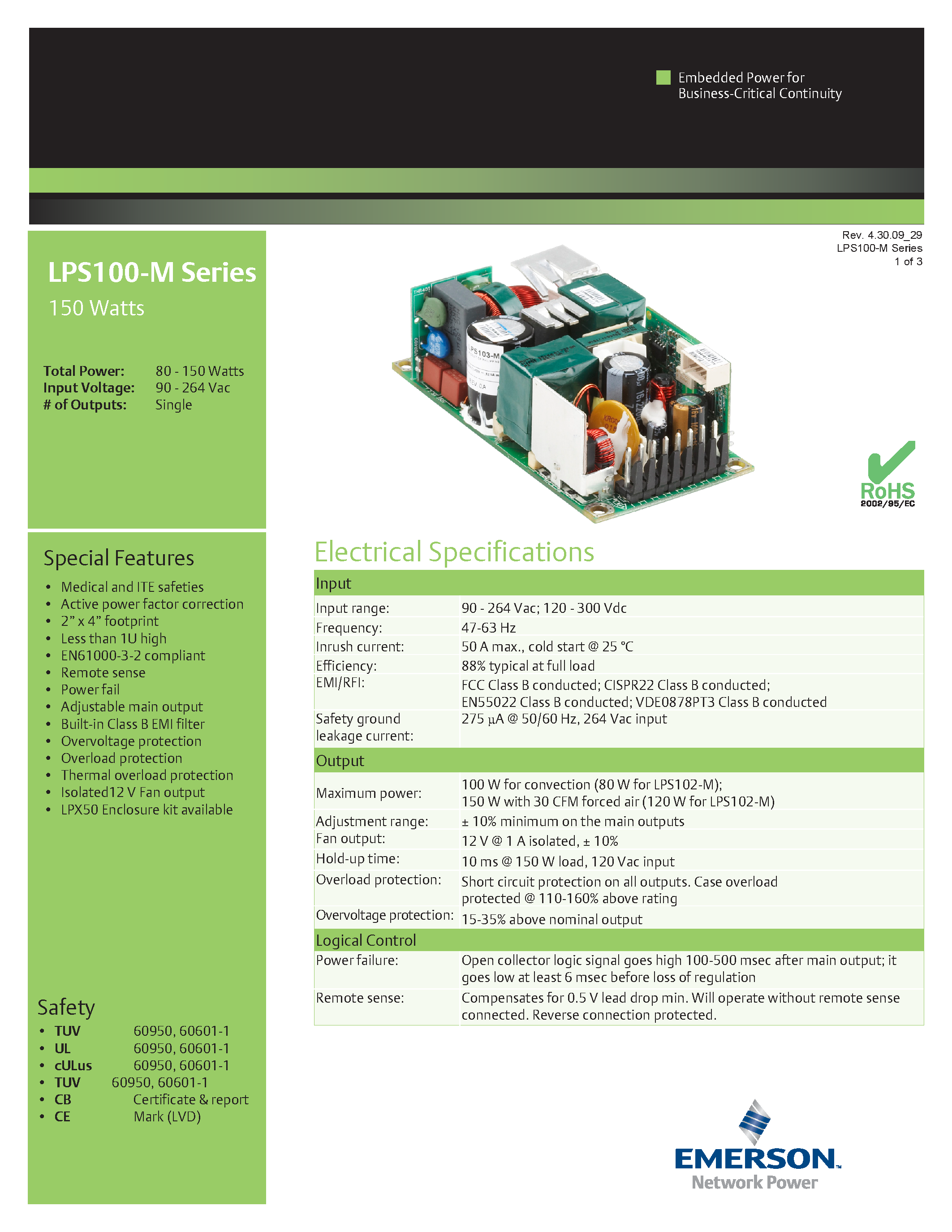 Даташит LPS104-M - AC-DC / 136W - 260W Medical страница 1