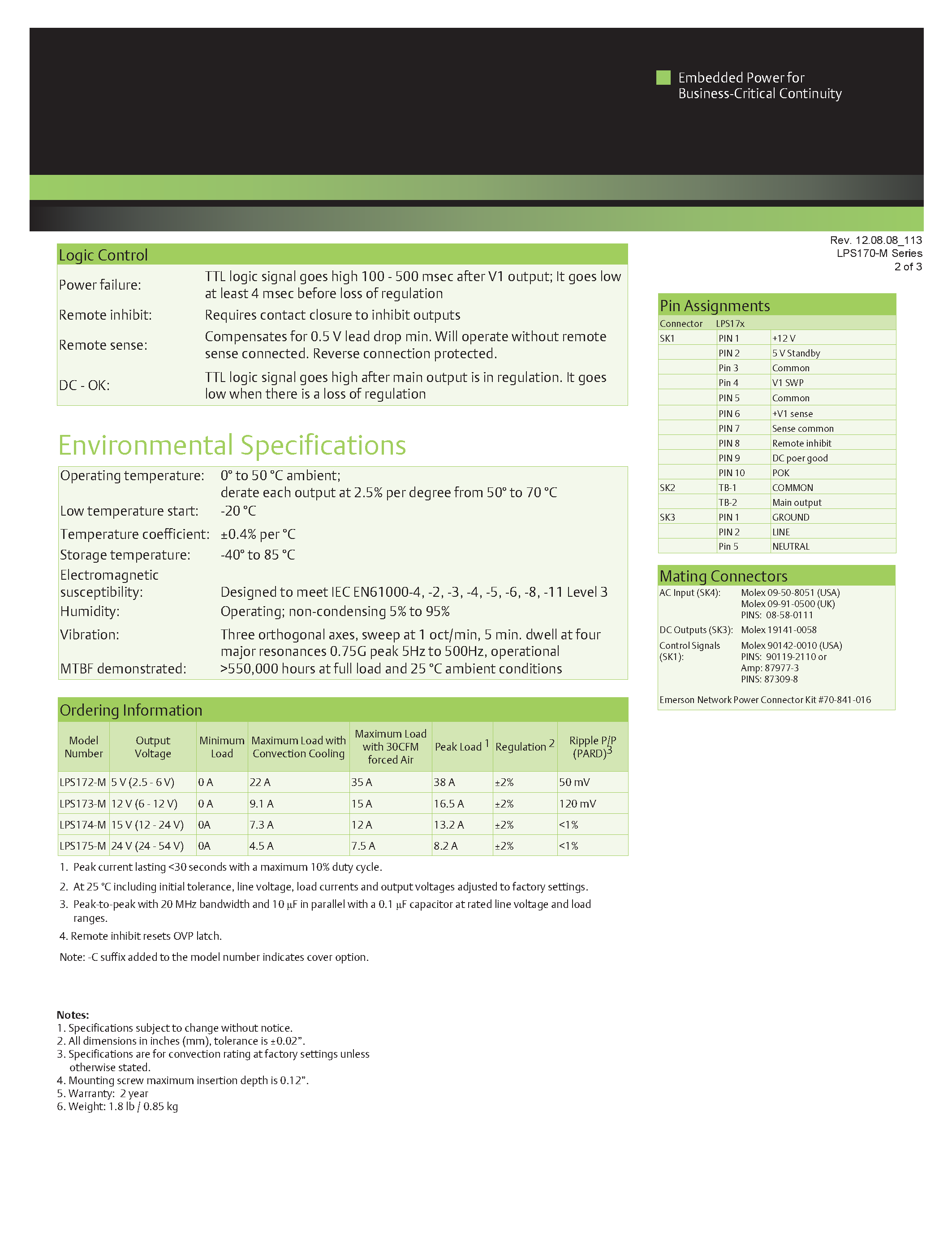 Datasheet LPS174-M-C page 2 Datasheet LPS174-M-C - AC-DC / 136W - 260W Medical page 2
