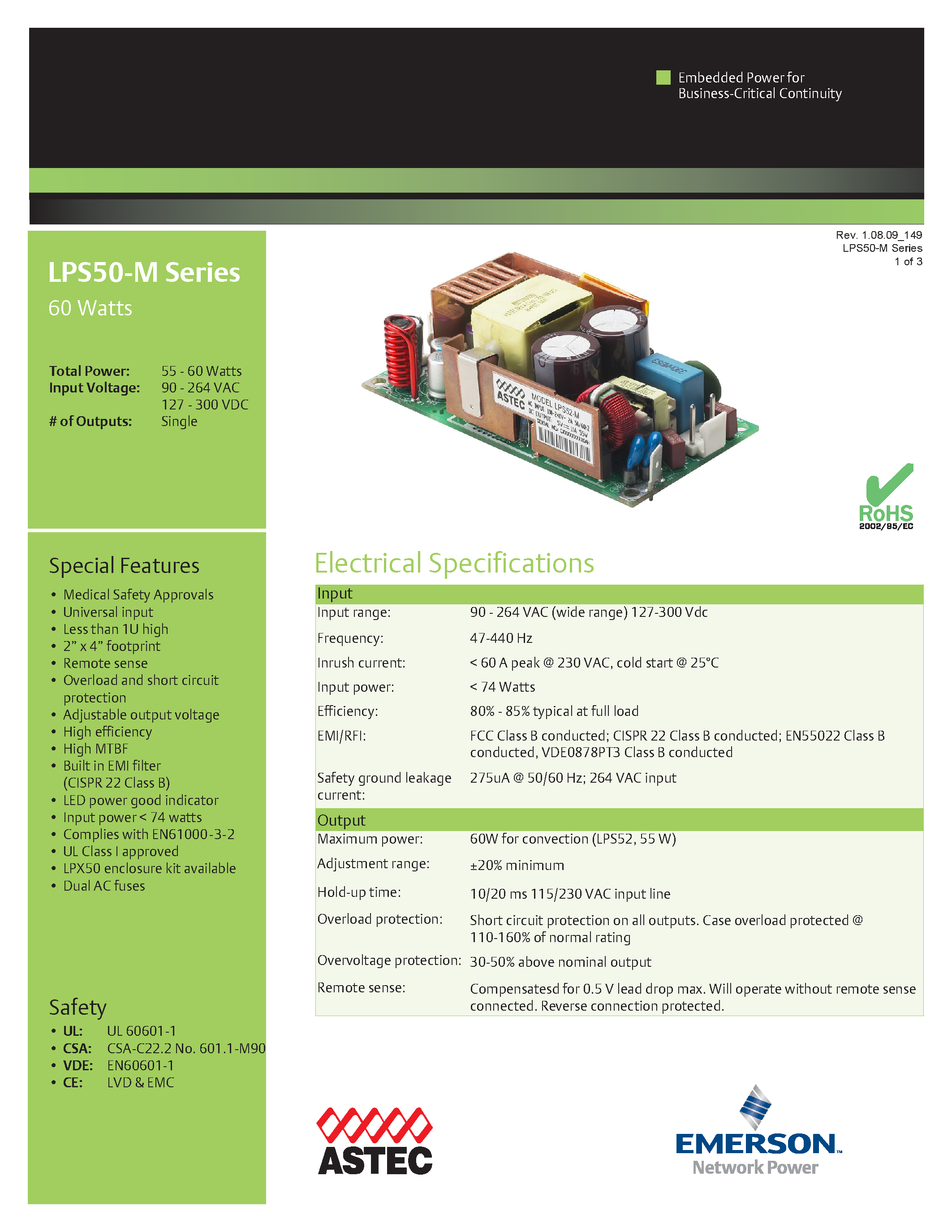 Даташит LPS55-M - AC-DC / 10W - 85W Medical страница 1