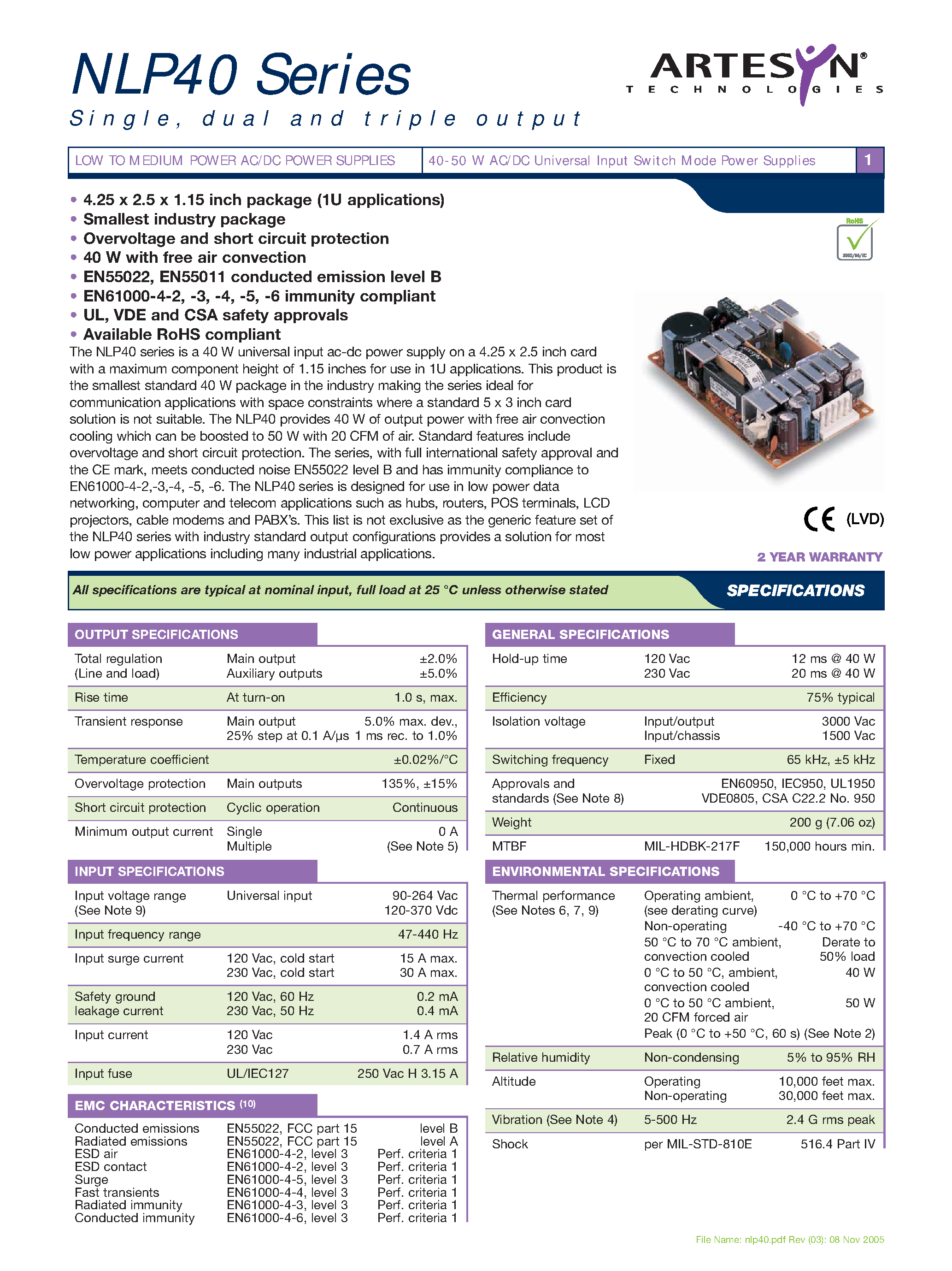 Datasheet NLP40-76S3J - AC-DC / 10W - 85 W page 1