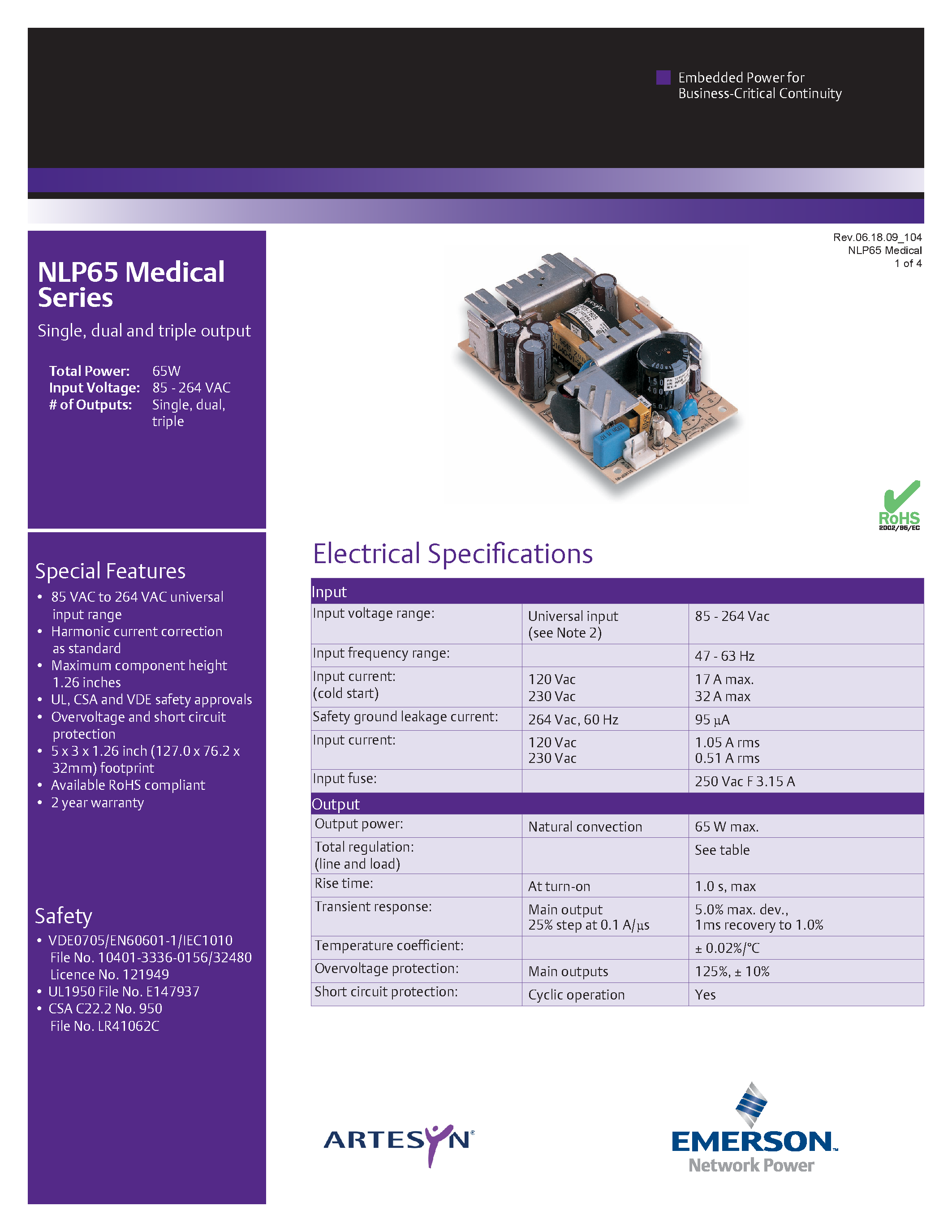 Datasheet NLP65-9924J - AC-DC / 10W - 85 W Medical page 1