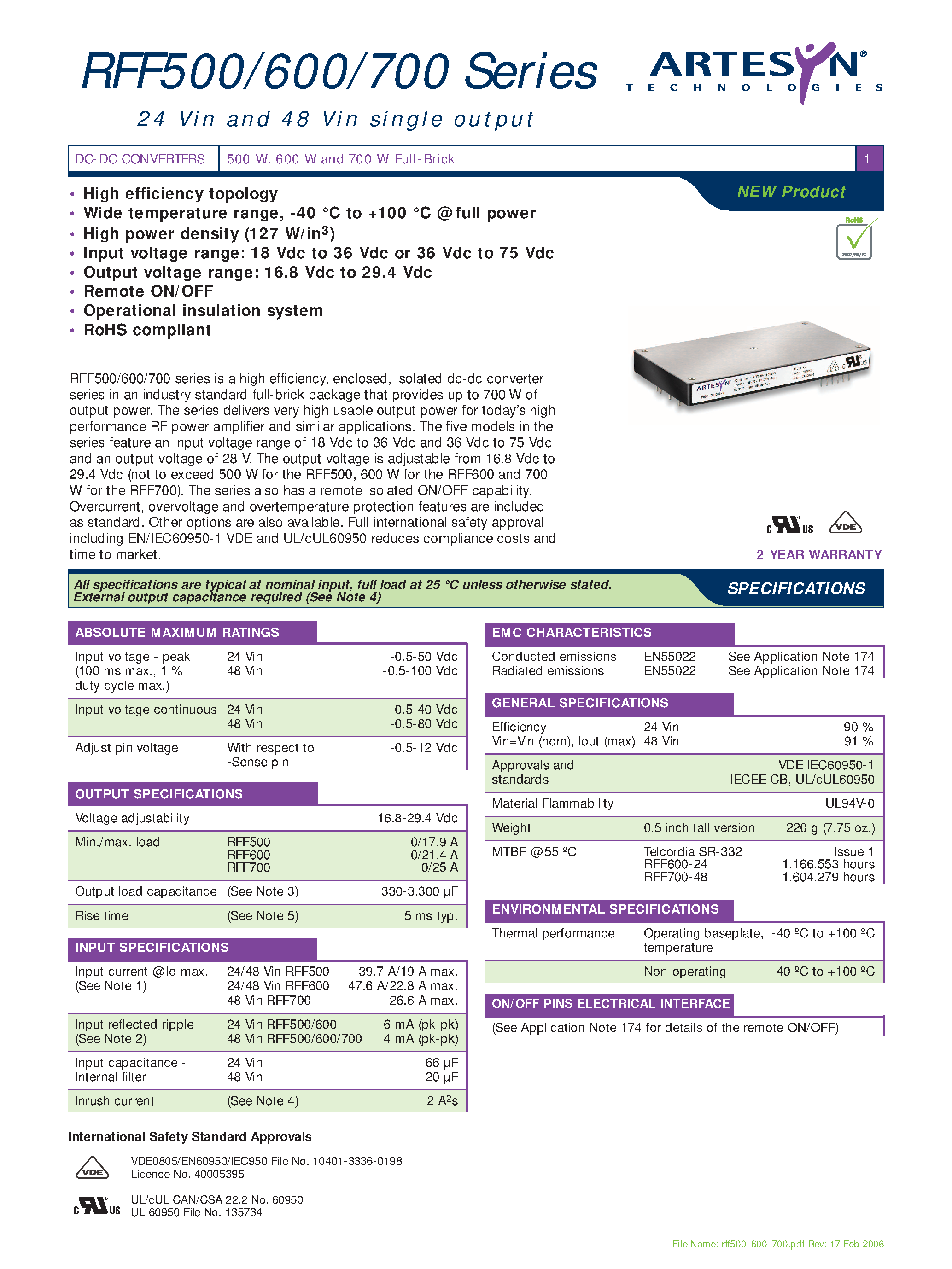 Datasheet RFF500-48S28-5TY page 1 Datasheet RFF500-48S28-5TY - DC-DC / Industry Standard Isolated RF Power page 1