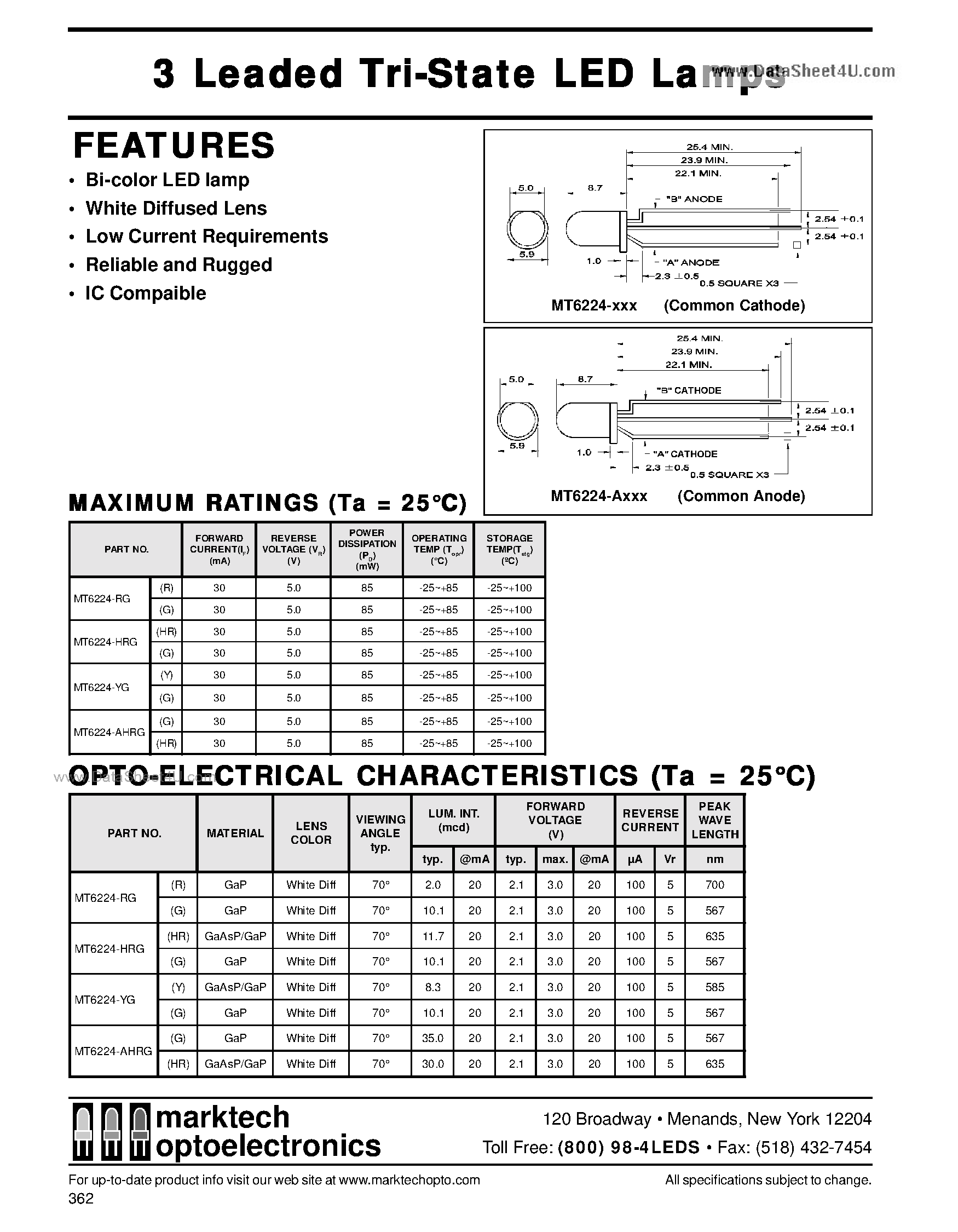 Datasheet MT6224 - 3 Leaded Tri-State LED Lamps page 1