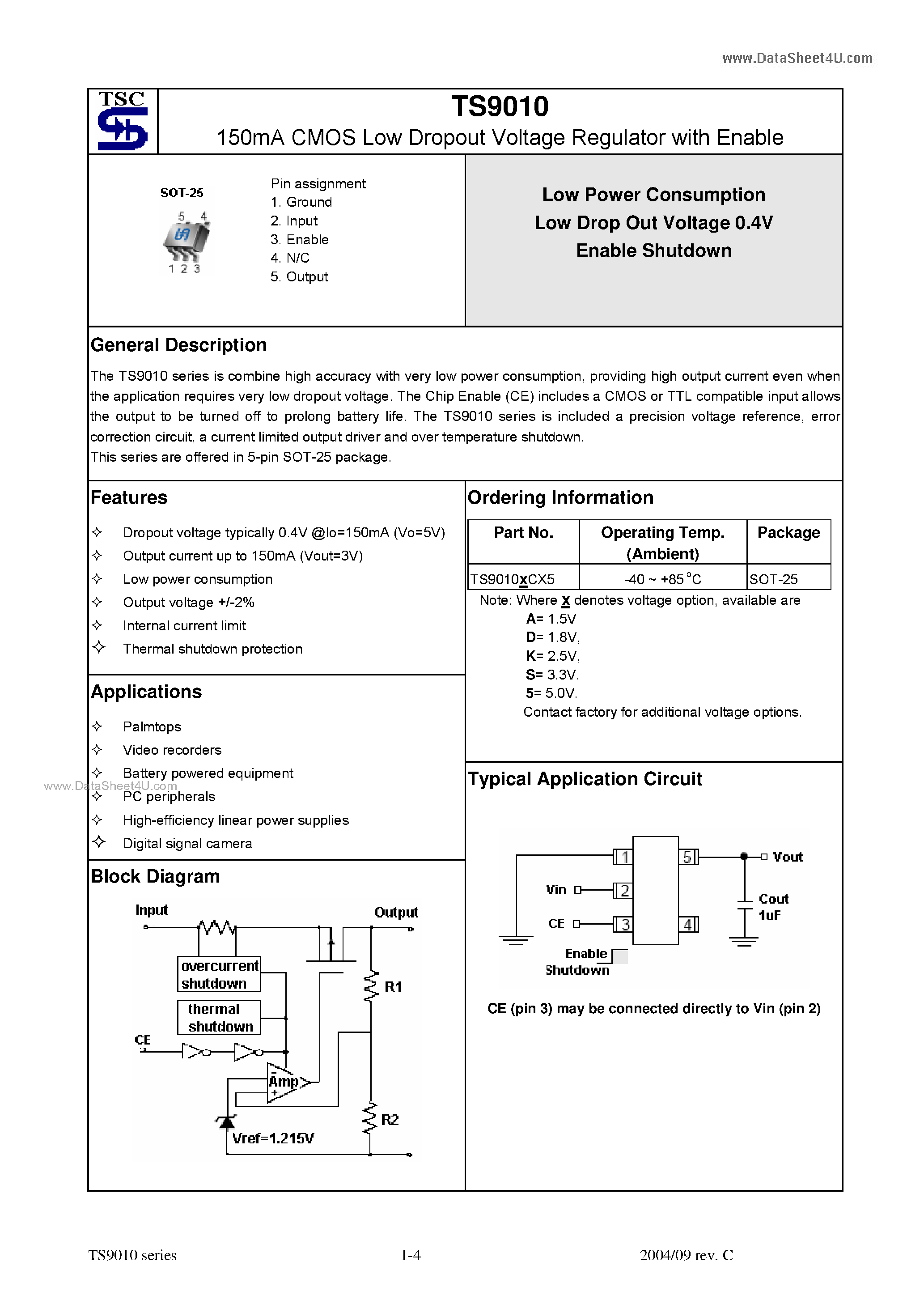 Даташит на микросхему TS9010 страница 1 Даташит TS9010 - 150mA CMOS Low Dropout Voltage Regulator страница 1