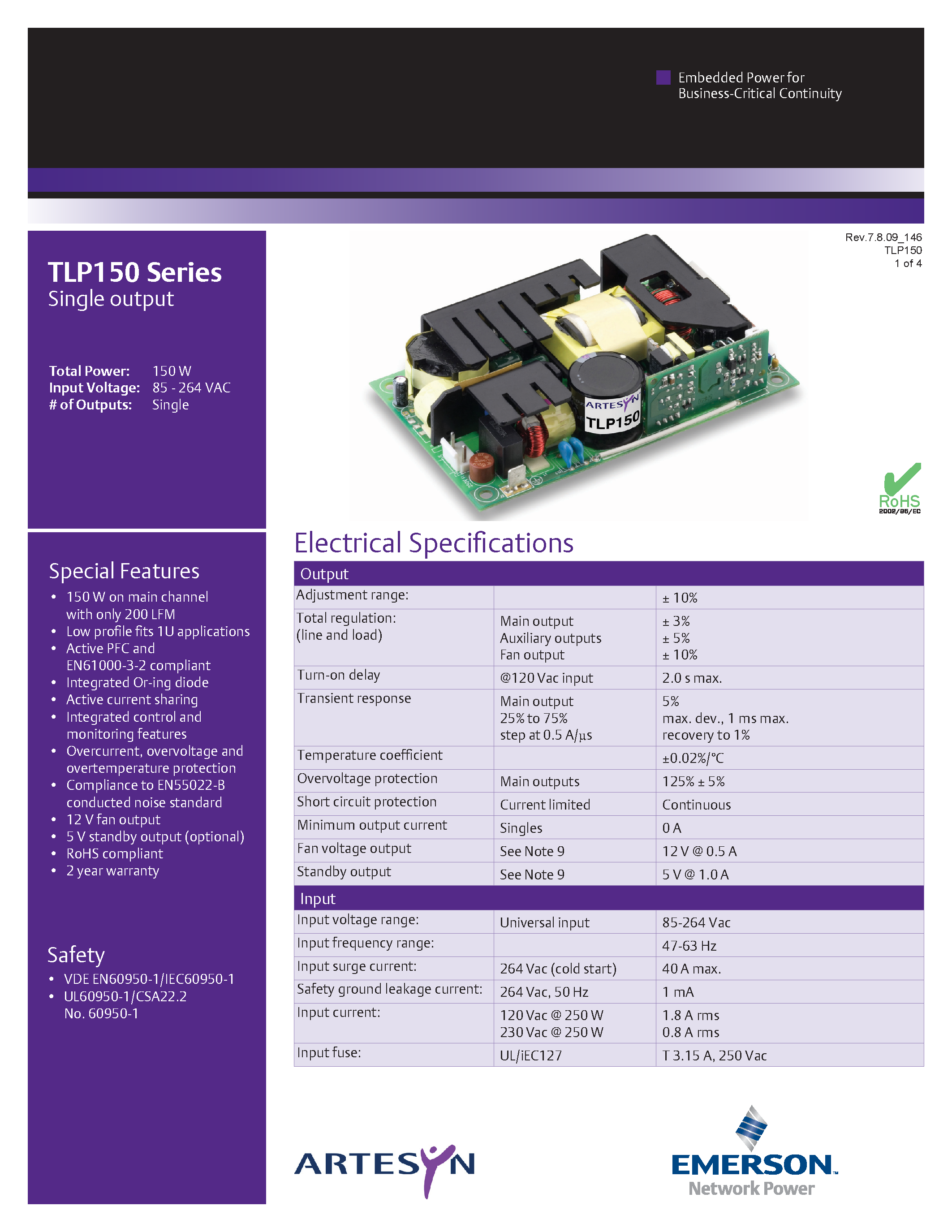 Datasheet TLP150R-96S24J page 1 Datasheet TLP150R-96S24J - AC-DC / 136W - 260W page 1