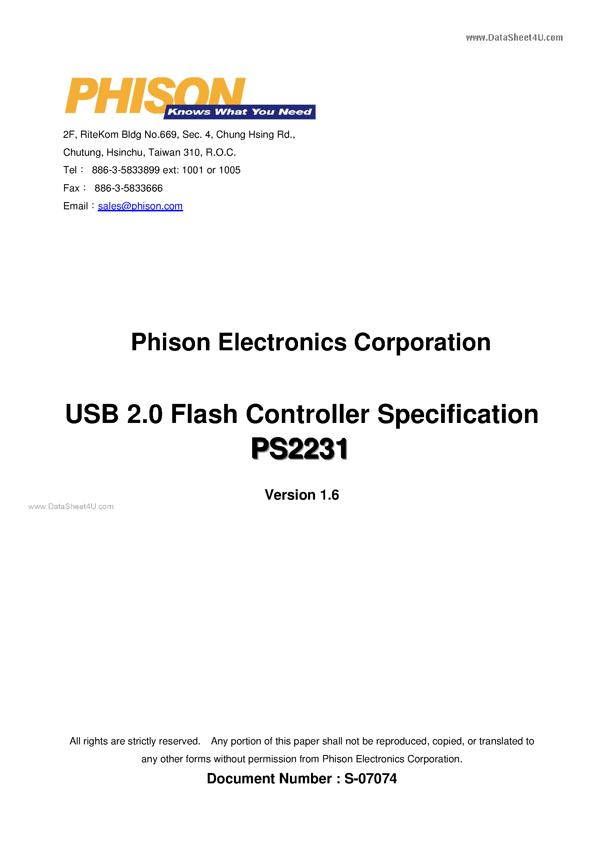 Datasheet PS2231 - USB 2.0 Flash Controller page 1