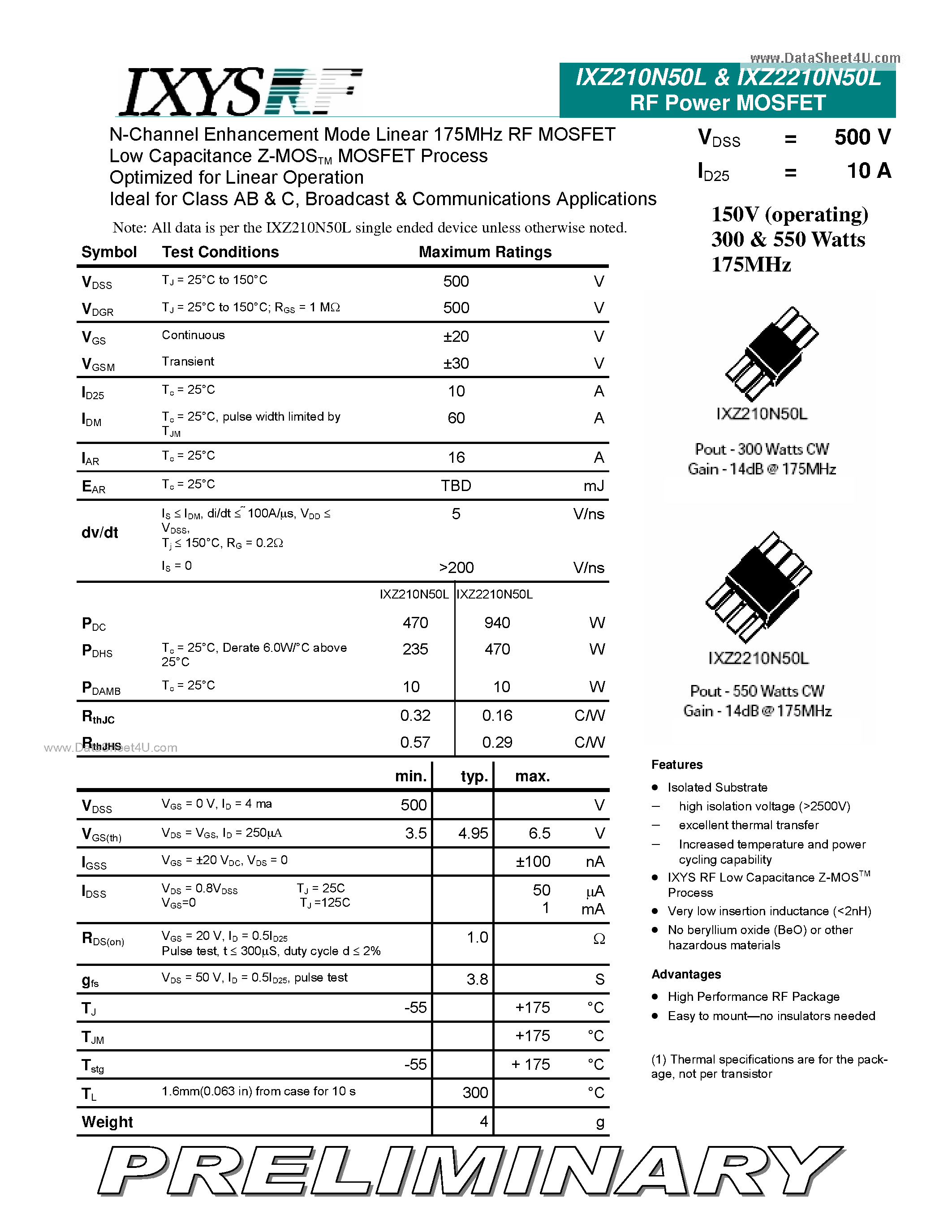 Datasheet IXZ210N50L - (IXZ210N50L / IXZ2210N50L) N-Channel Enhancement Mode Linear 175MHz RF MOSFET page 1