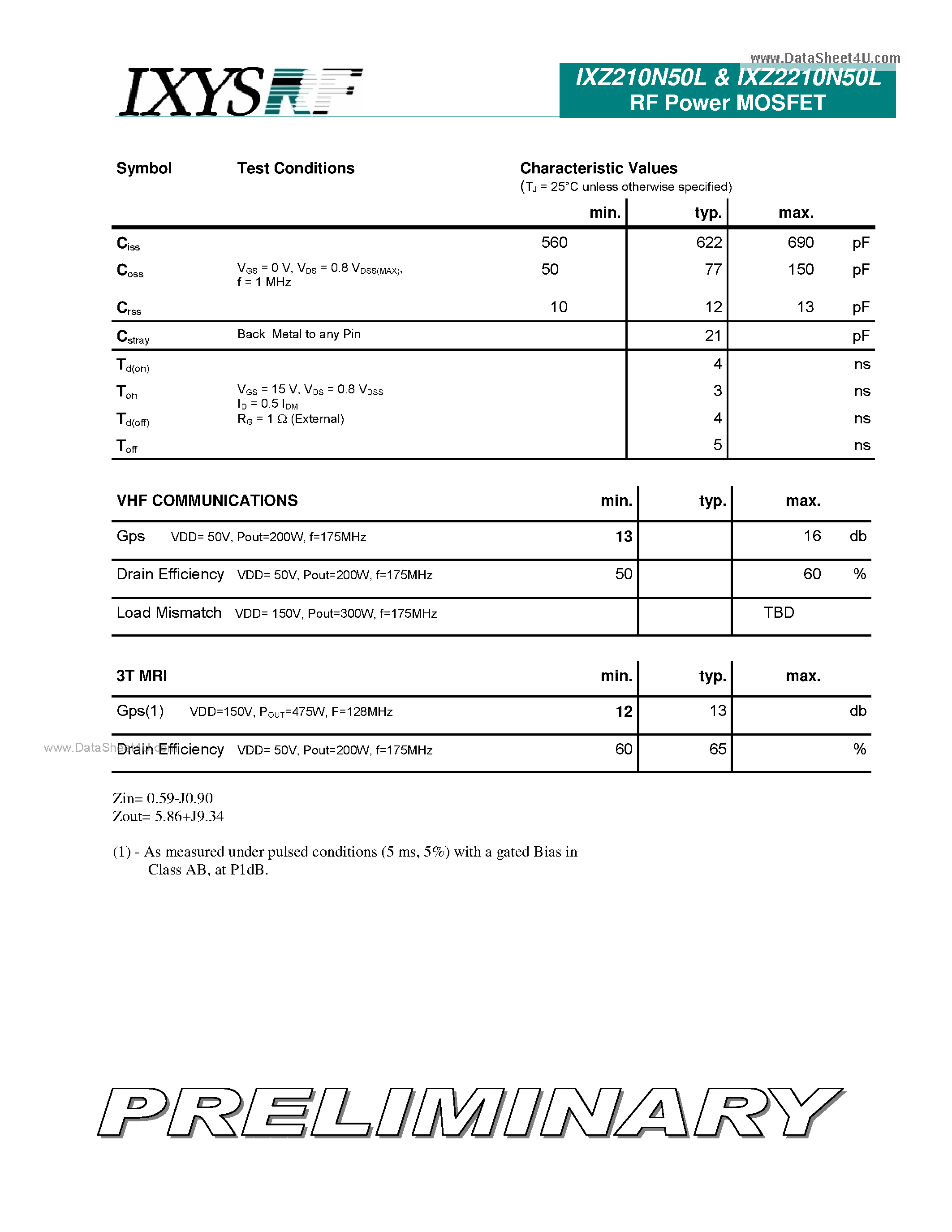 Datasheet IXZ210N50L - (IXZ210N50L / IXZ2210N50L) N-Channel Enhancement Mode Linear 175MHz RF MOSFET page 2