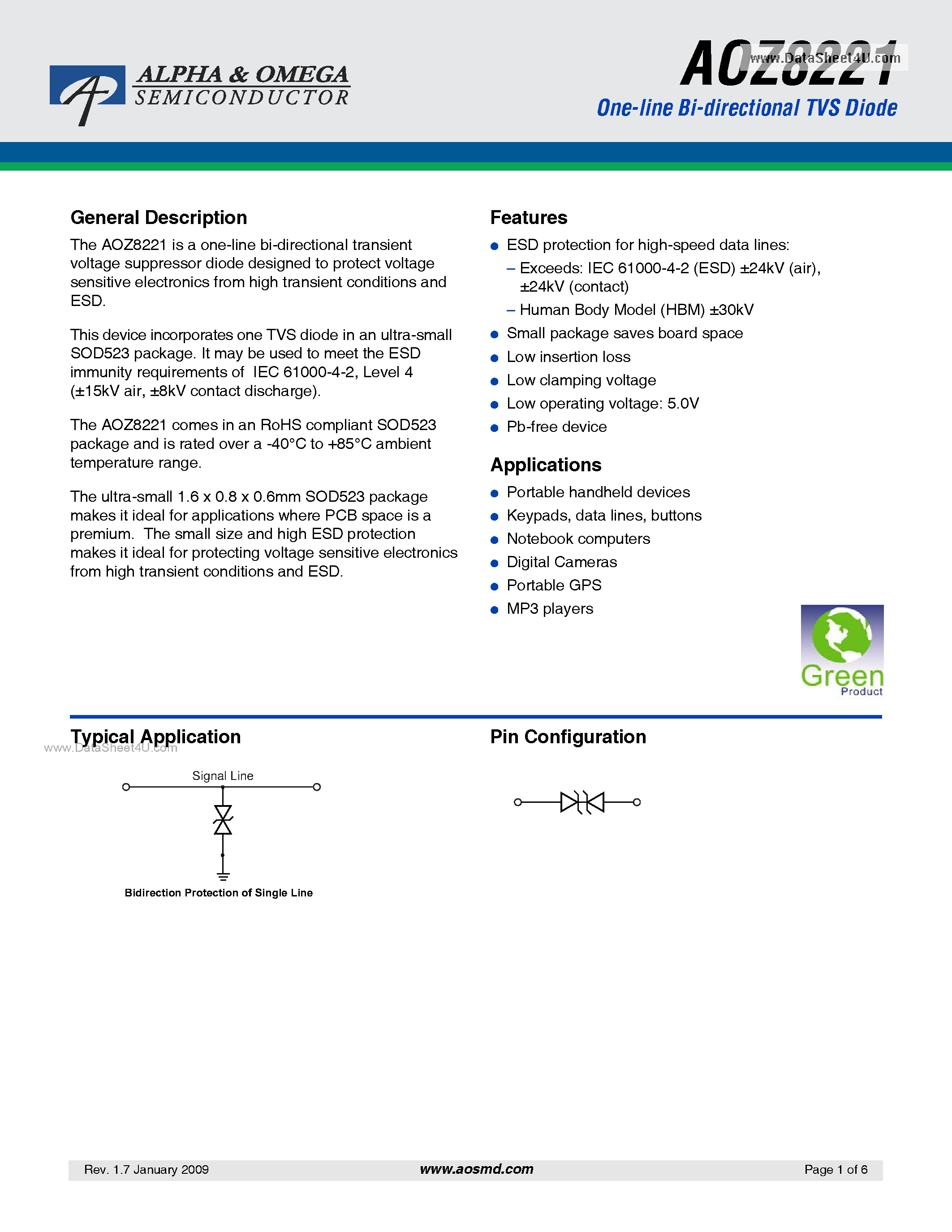 Datasheet AOZ8221 page 1 Datasheet AOZ8221 - One-line Bi-directional TVS Diode page 1