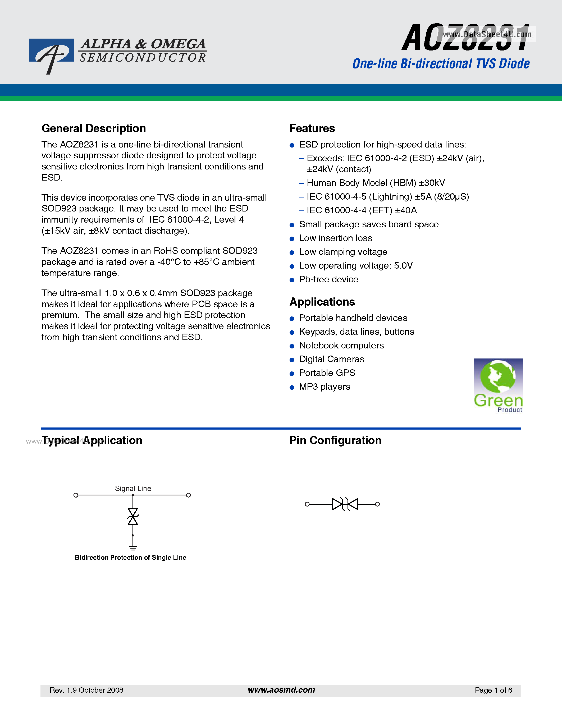 Datasheet AOZ8231 page 1 Datasheet AOZ8231 - One-line Bi-directional TVS Diode page 1