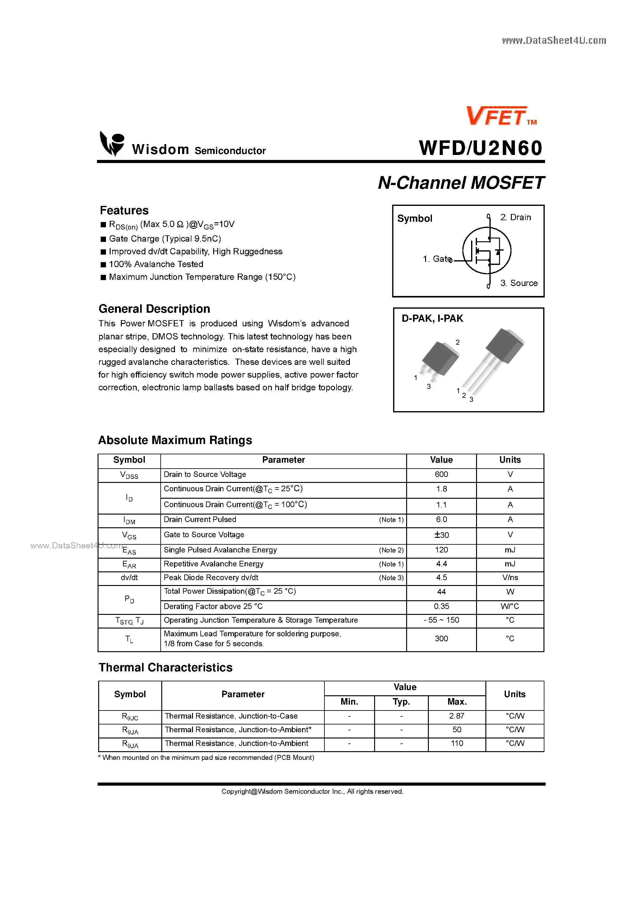Datasheet WFU2N60 page 1 Datasheet WFU2N60 - N-Channel MOSFET page 1