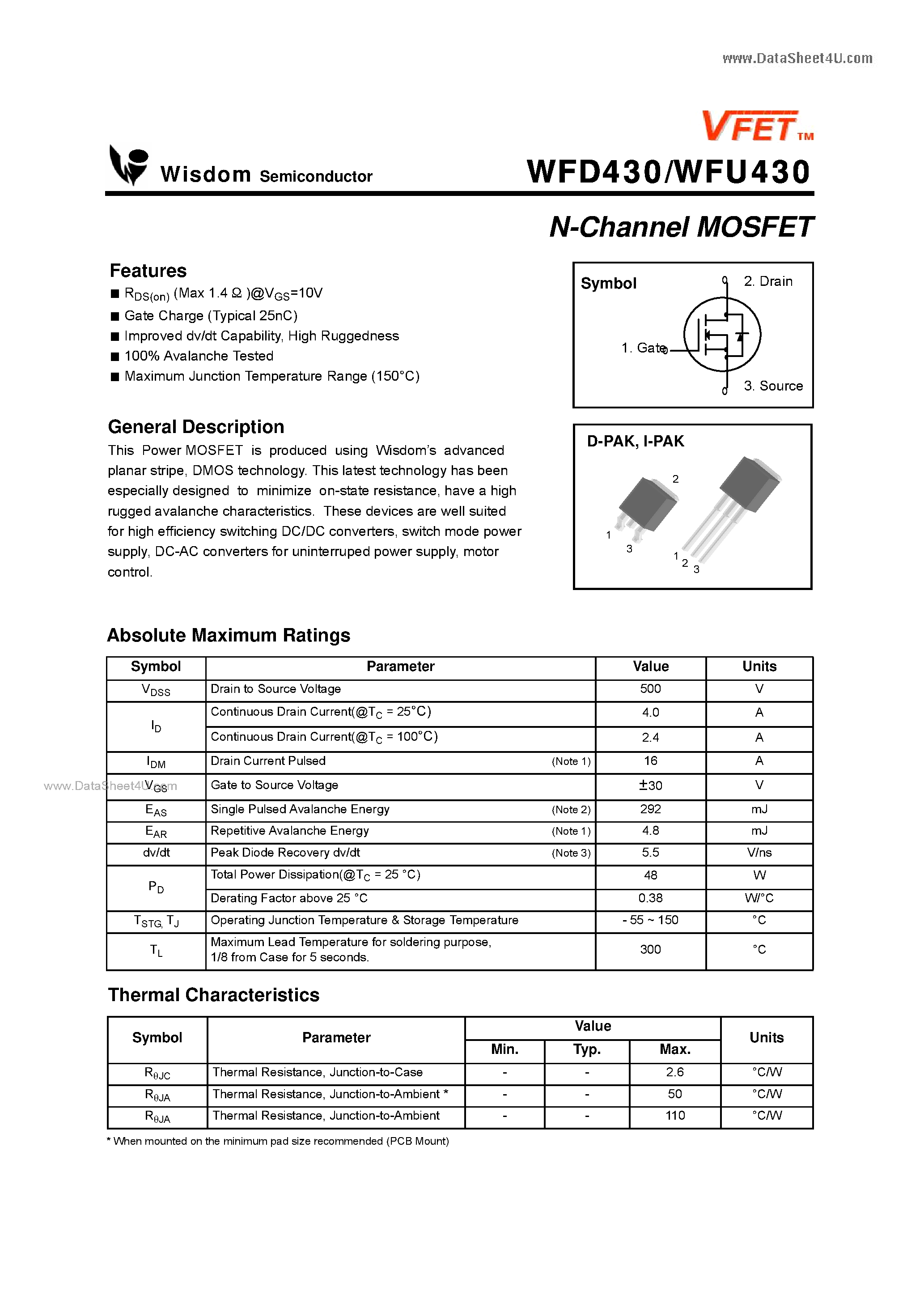 Datasheet WFU430 page 1 Datasheet WFU430 - N-Channel MOSFET page 1