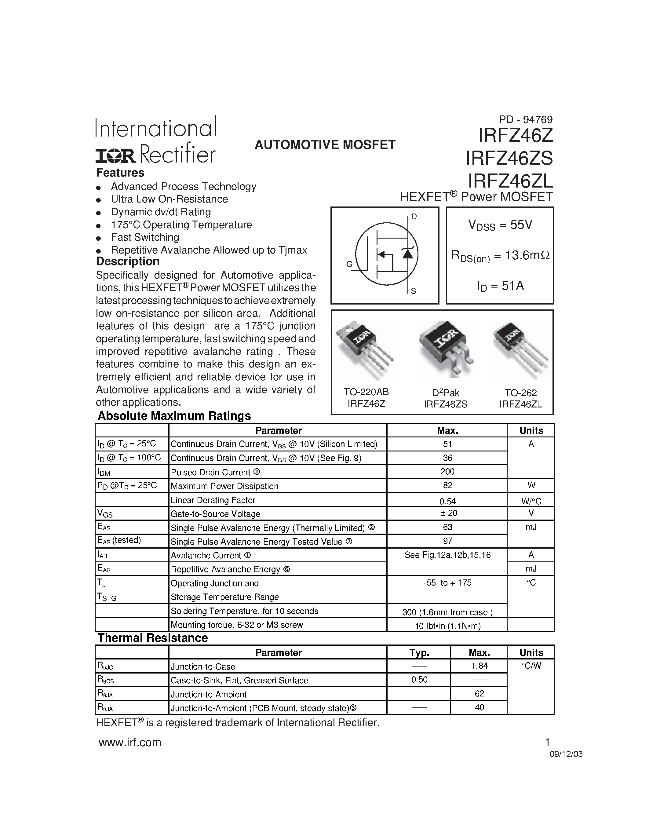 Datasheet IRFZ46Z - AUTOMOTIVE MOSFET page 1
