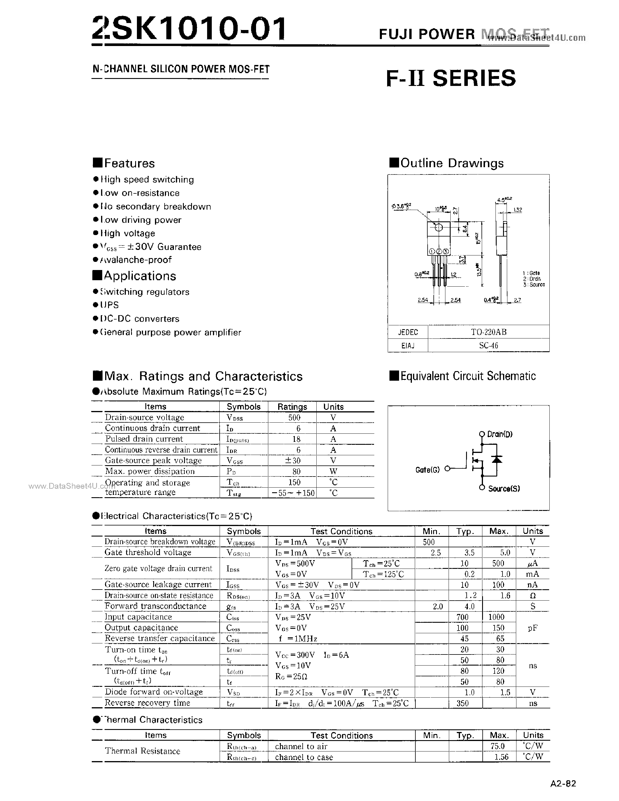 Даташит на микросхему 2SK1010-01 страница 1 Даташит 2SK1010-01 - N-CHANNEL SILICON POWER MOS-FET страница 1